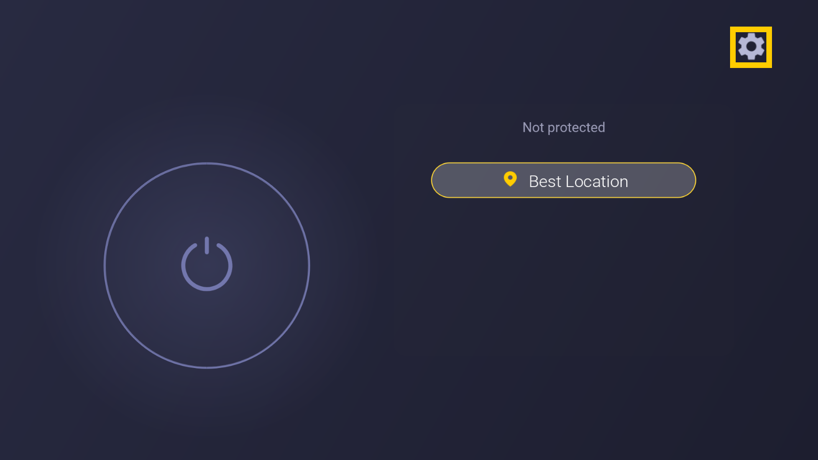 CyberGhost VPN Fire TV dashboard with the gear symbol highlighted, allowing the user to access the VPN tab