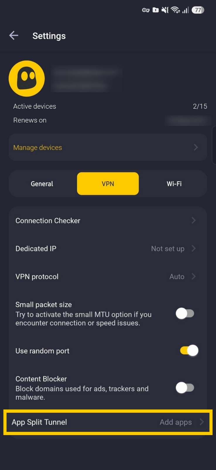 Fonctionnalité App Split Tunnel dans l'onglet des paramètres VPN de CyberGhost sur Android.