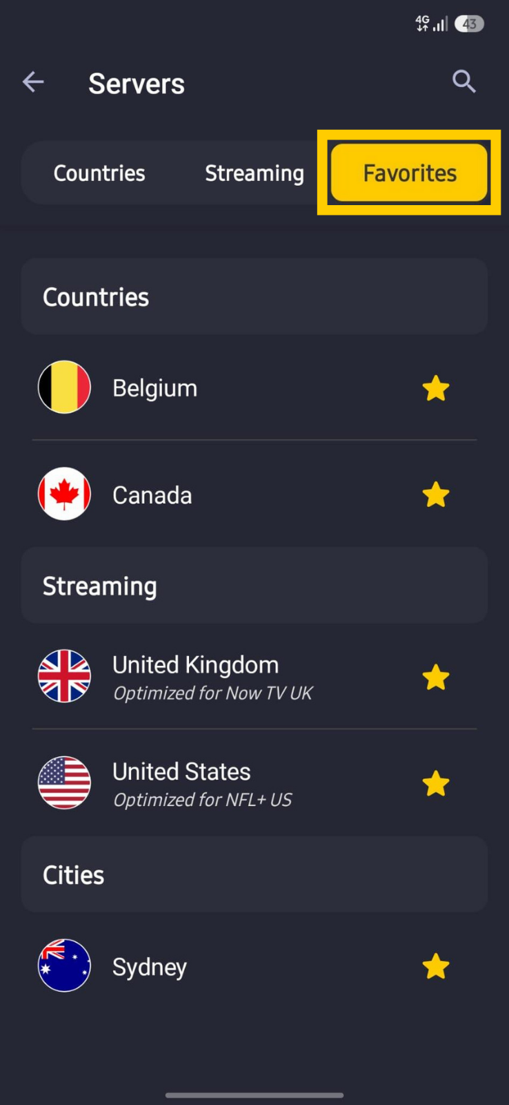 Liste des serveurs favoris de CyberGhost, classés par pays, villes et catégories de streaming.