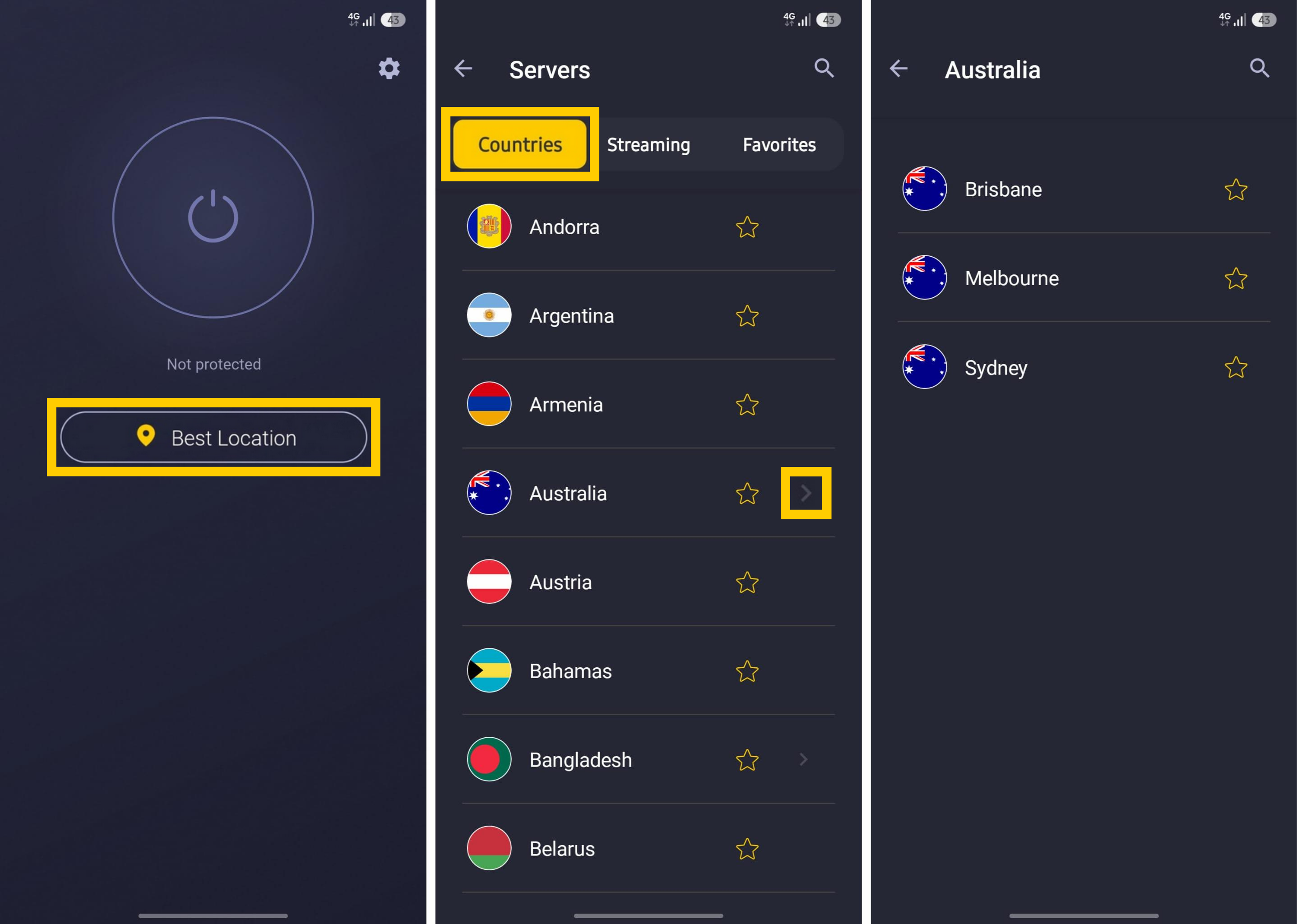 Liste der VPN-Server von CyberGhost, sortiert nach Ländern und Städten.