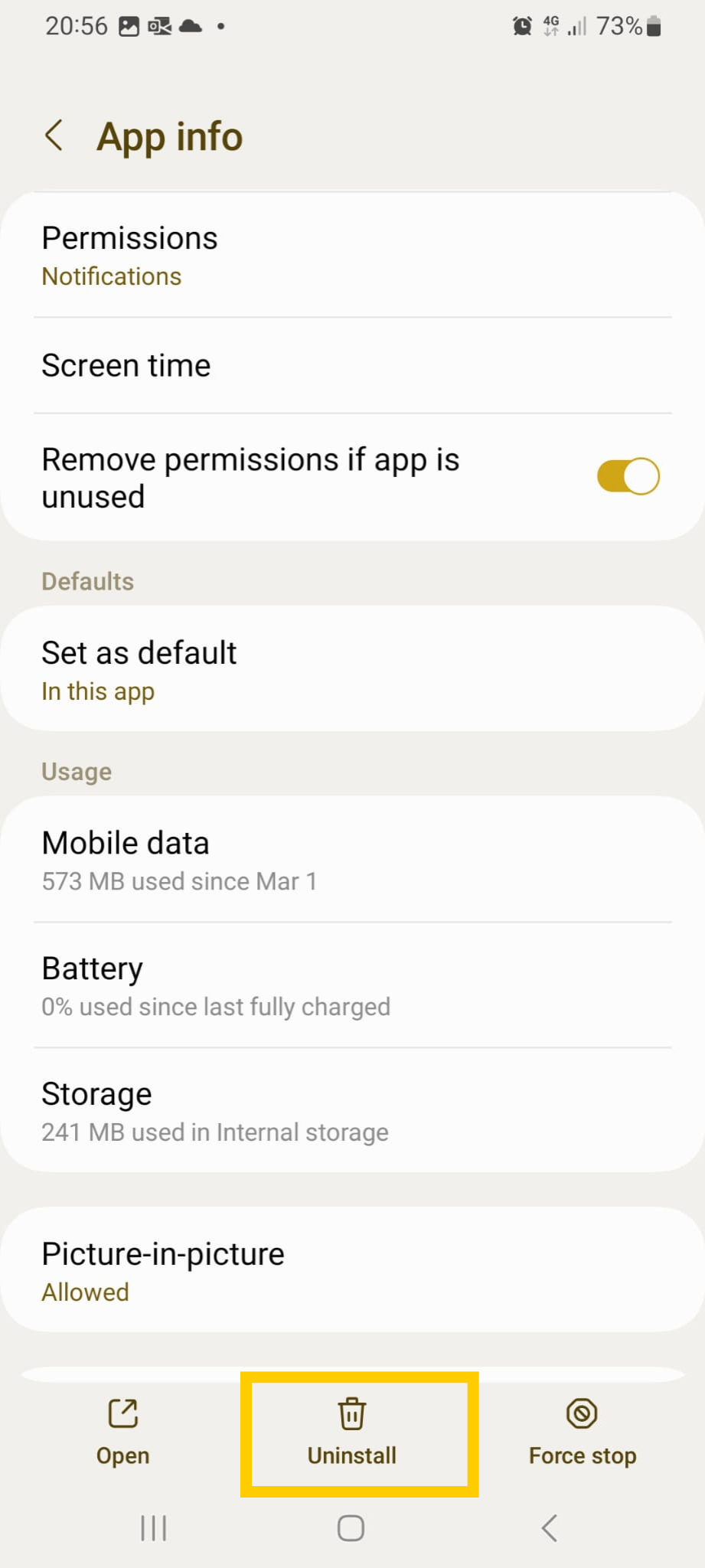 L'option Désinstaller dans l'onglet Informations sur l'application pour les applications Android.