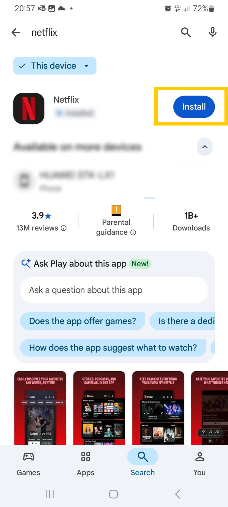 Le Google Play Store, affichant l'application Netflix avec un bouton Installer mis en évidence à côté.
