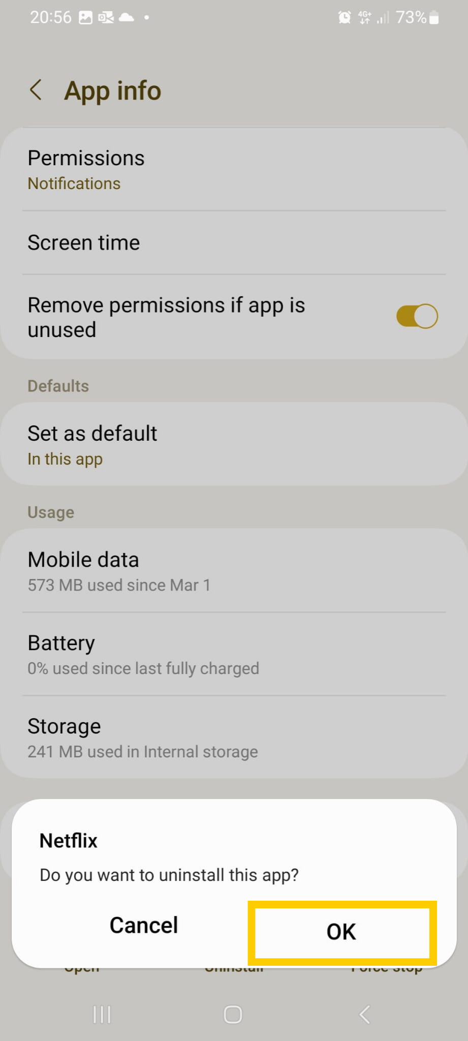 Das Pop-up-Fenster „Möchtest du diese App deinstallieren?“ auf Android, mit „OK“ hervorgehoben.