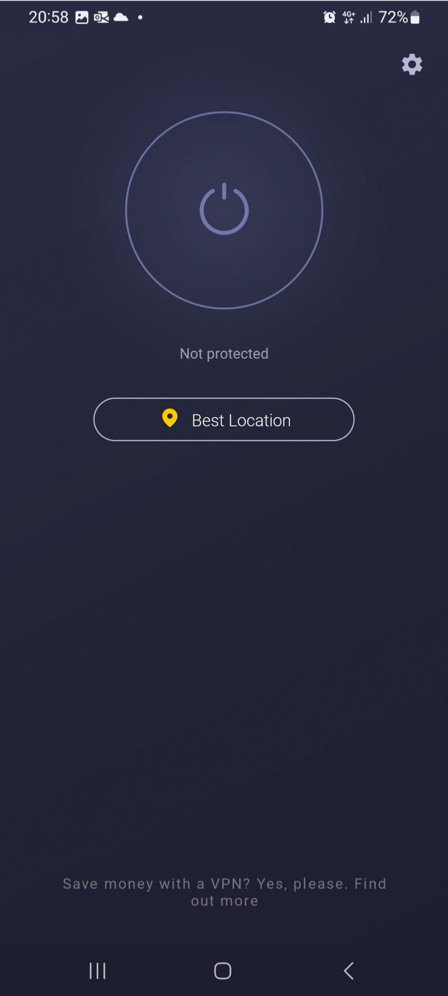 Der Hauptbildschirm für die Verbindung bei CyberGhost VPN auf Android.