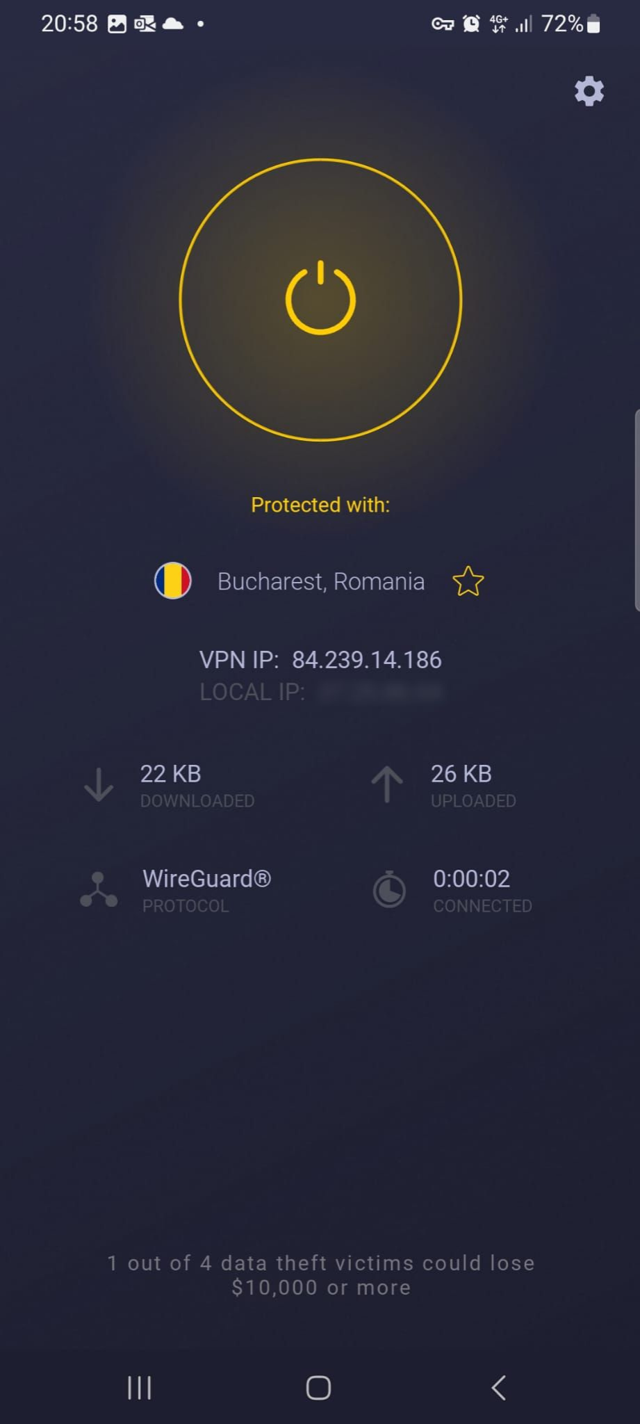 Der Hauptbildschirm von CyberGhost VPN, auf dem eine aktive Verbindung angezeigt wird.