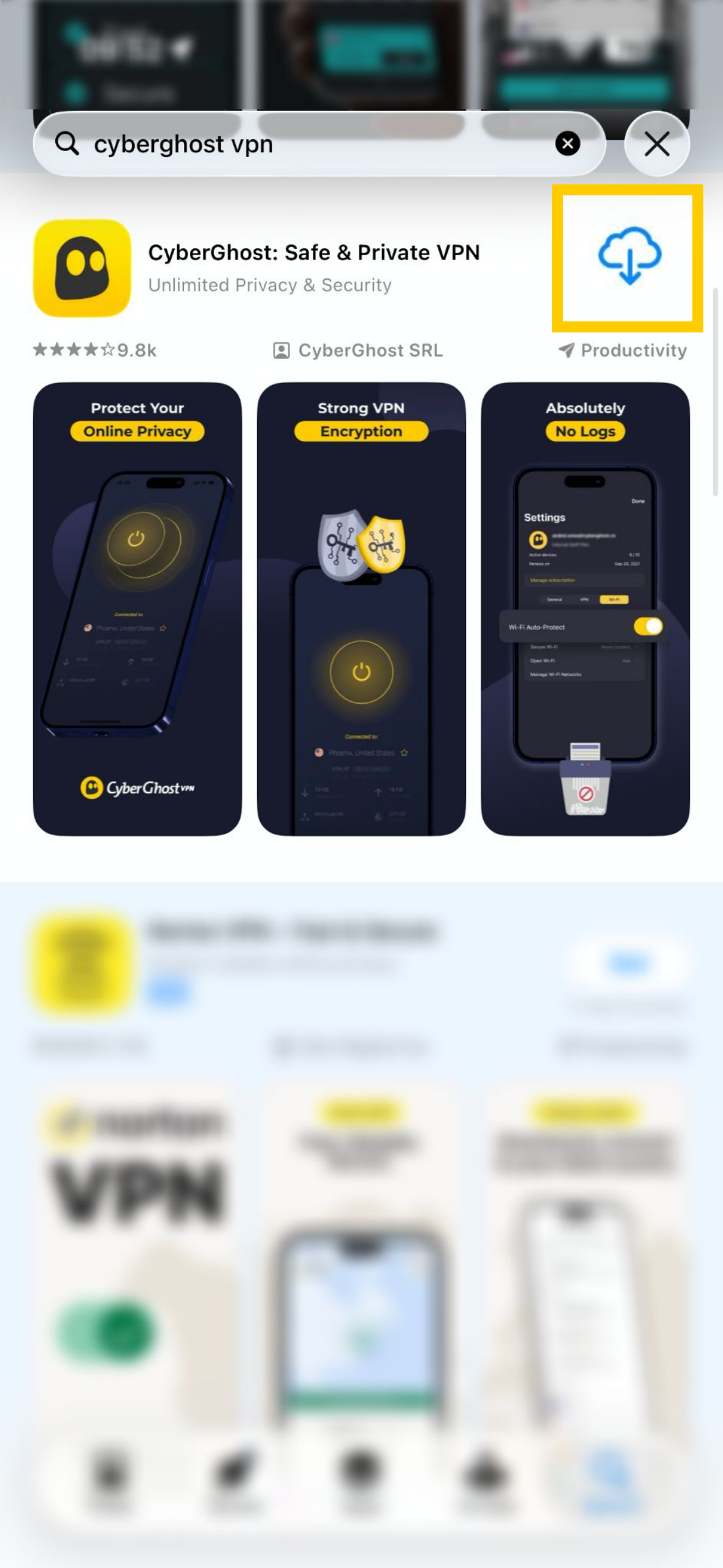 L’App Store avec l’application CyberGhost VPN mise en évidence.