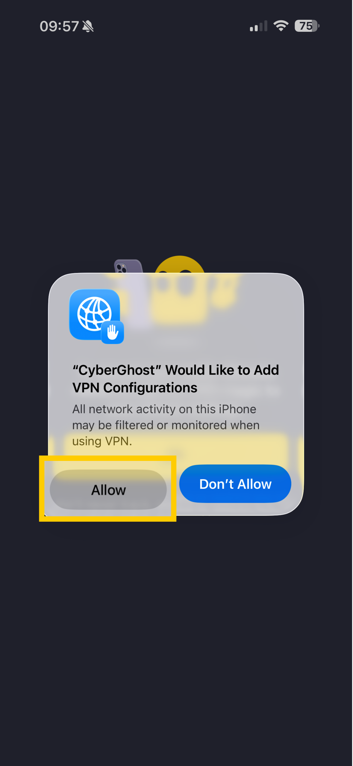 L’écran de configuration de CyberGhost VPN, avec le bouton Autoriser mis en évidence.