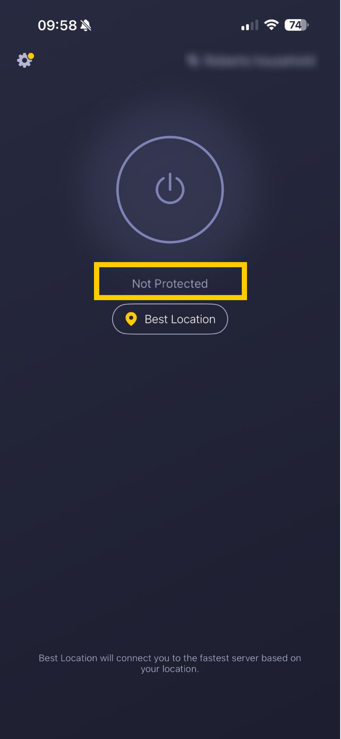 Écran d’accueil de CyberGhost VPN sur iOS, avec l’option Non protégé mise en évidence.