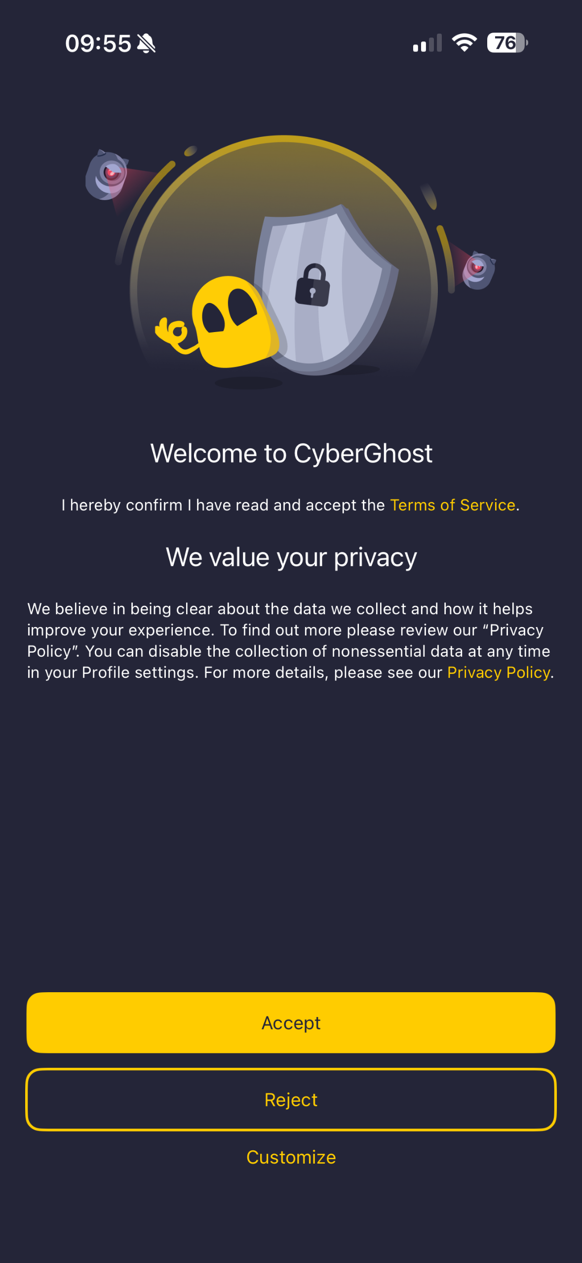 Écran des préférences de vie privée de CyberGhost VPN.