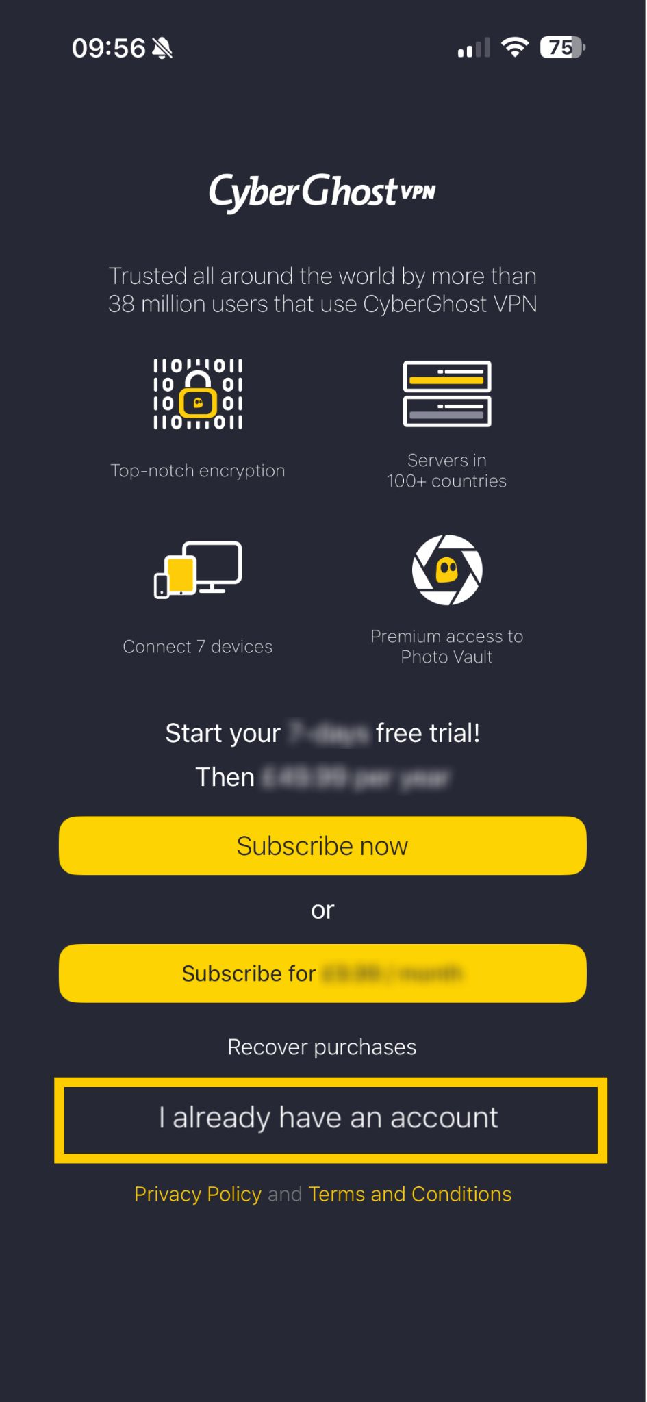 Anmeldebildschirm von CyberGhost VPN.