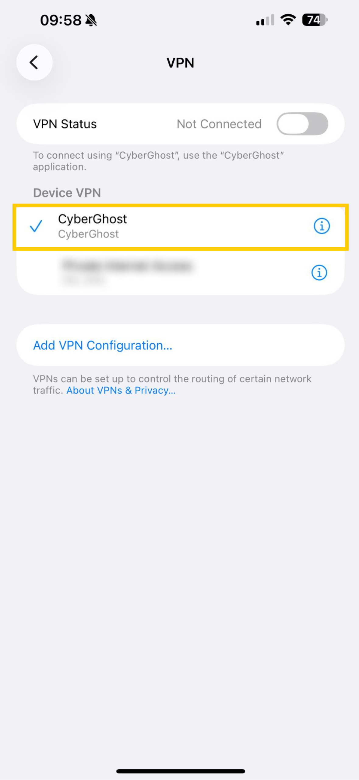 Der Bildschirm mit den Einstellungen für CyberGhost VPN in den iOS-Einstellungen.