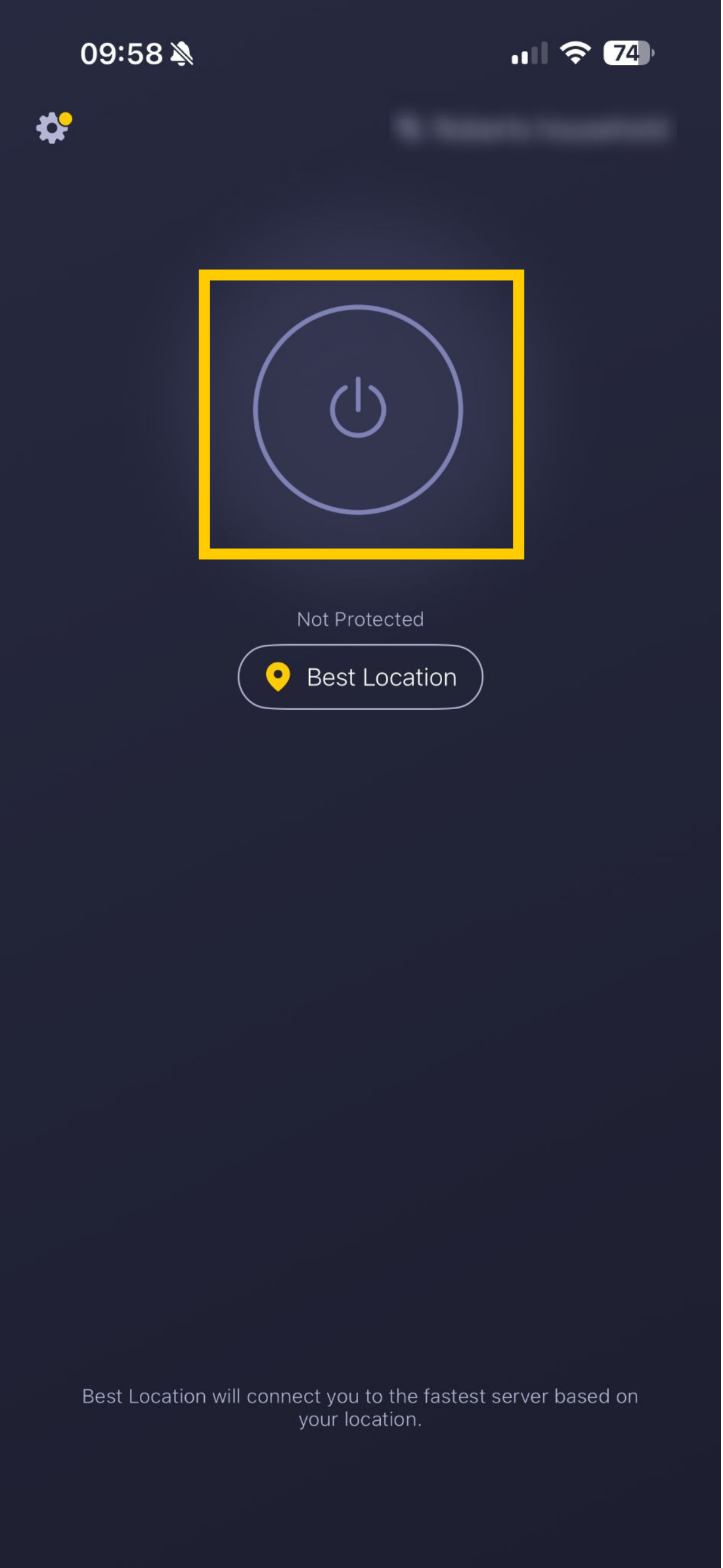 Startbildschirm von CyberGhost VPN für iOS, auf dem der Ein-/Aus-Schalter hervorgehoben ist.