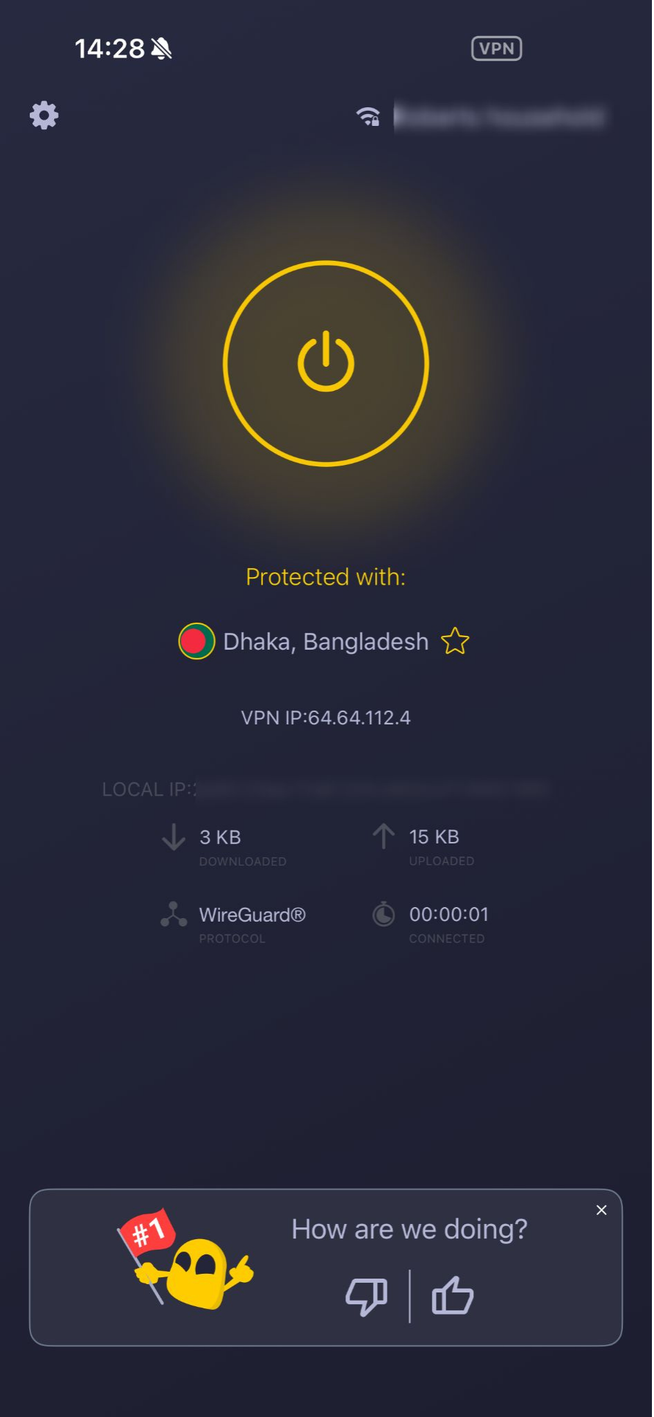 Écran d'accueil de l'application CyberGhost VPN affichant le serveur connecté.