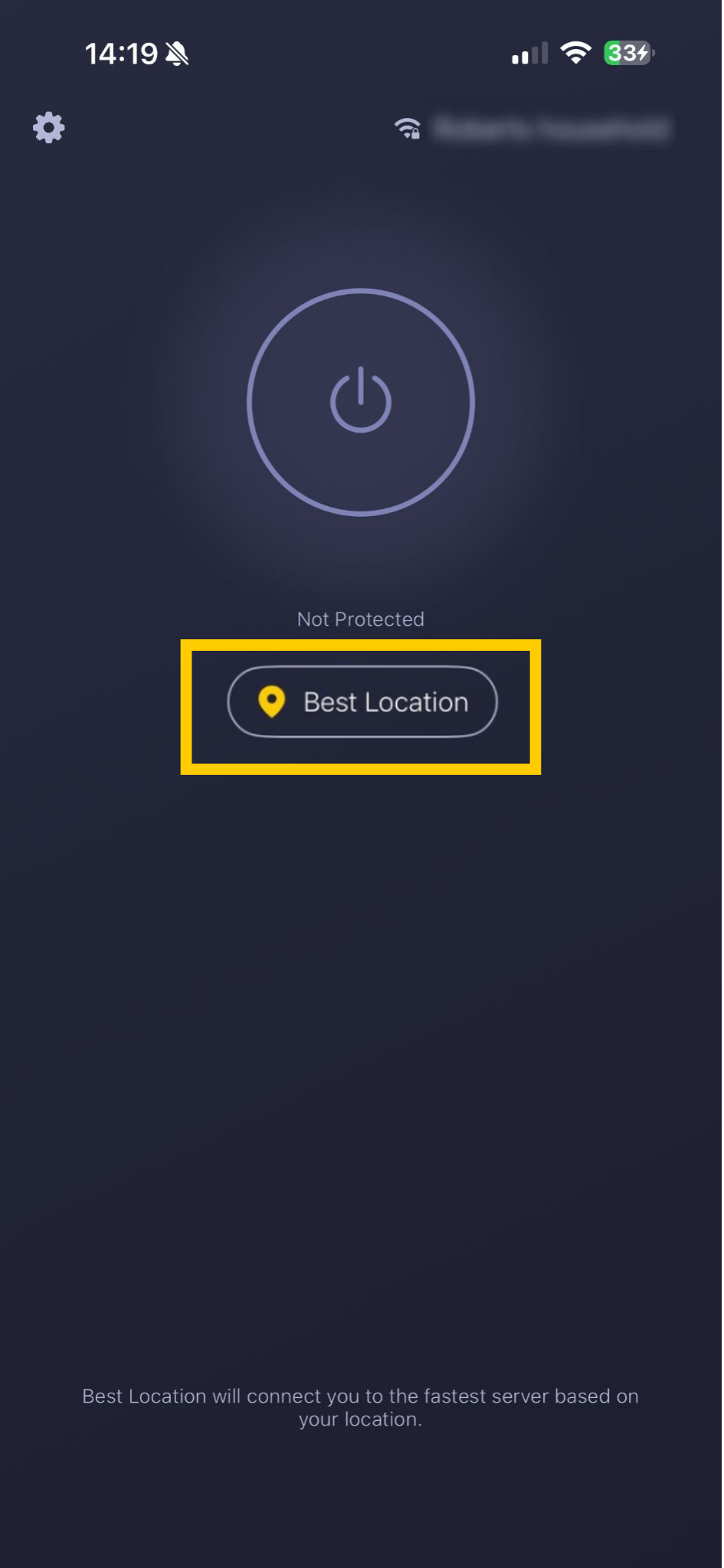 Startbildschirm der App von CyberGhost VPN, auf dem „Bester Standort“ hervorgehoben ist.