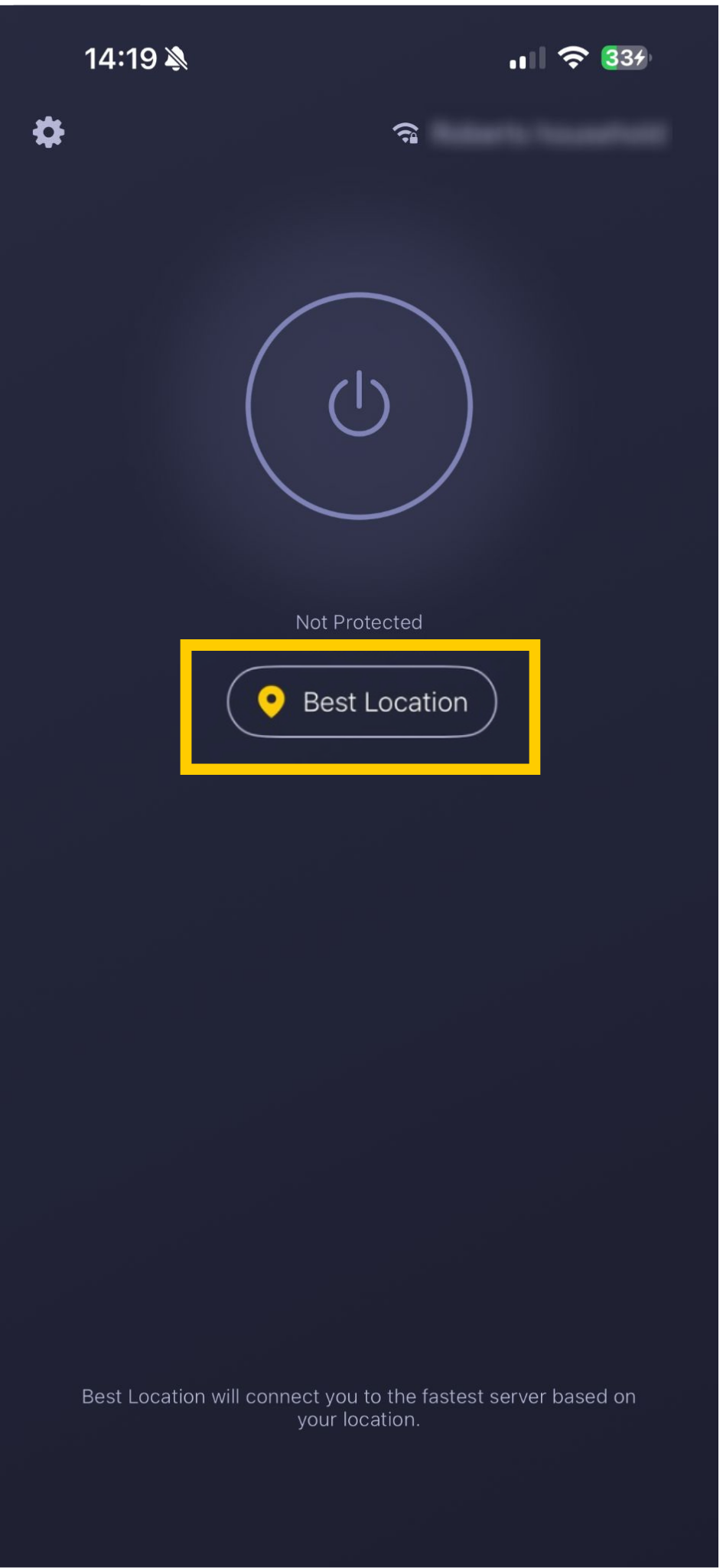 Startbildschirm der App von CyberGhost VPN, auf dem „Bester Standort“ hervorgehoben ist.