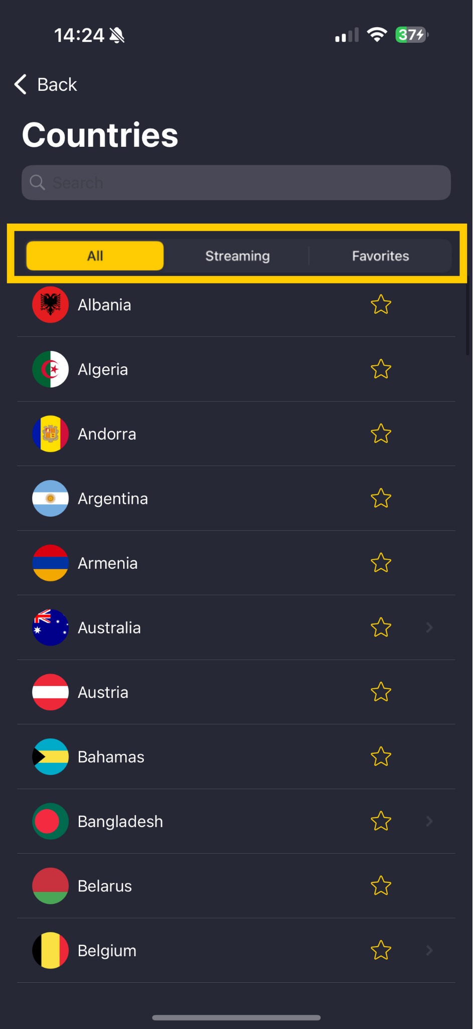 Serverliste von CyberGhost VPN, in der die Optionen „Alle“, „Streaming“ und „Favoriten“ hervorgehoben sind.