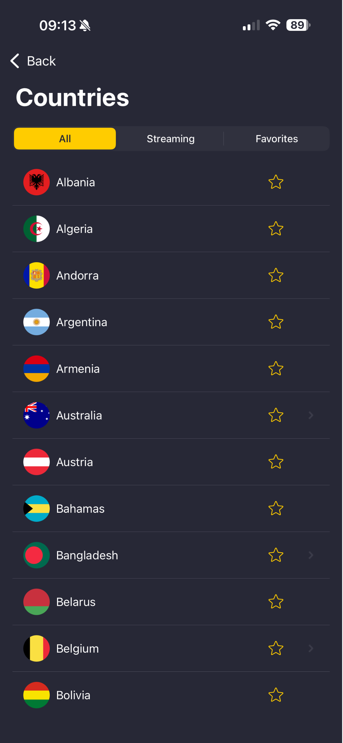 Application CyberGhost VPN avec la liste des serveurs.