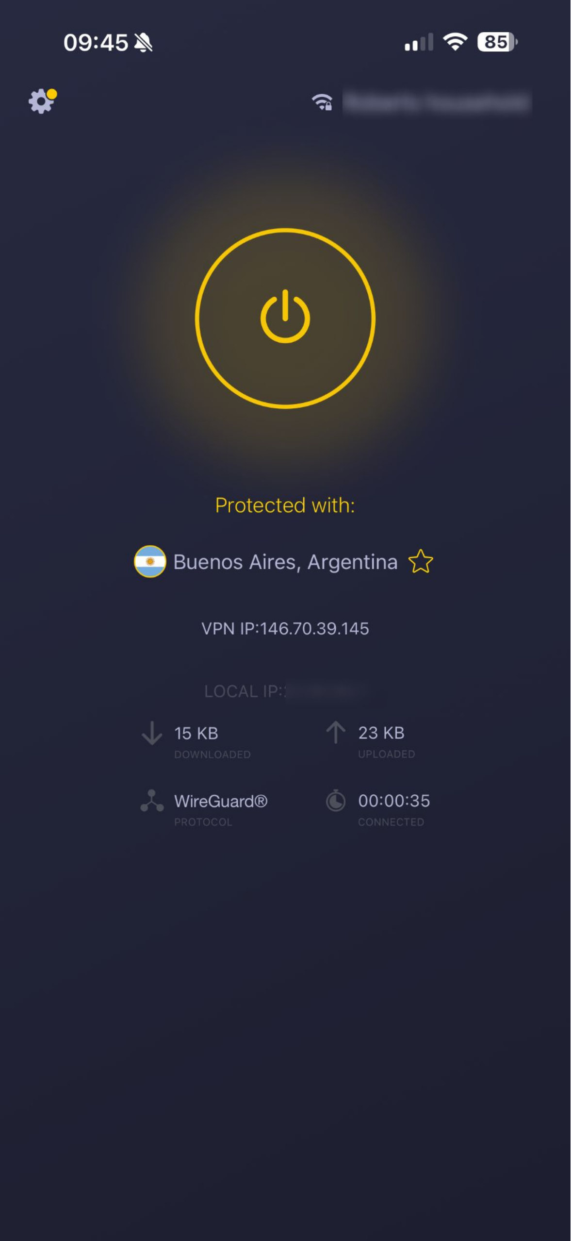 L'application CyberGhost VPN avec un serveur connecté.