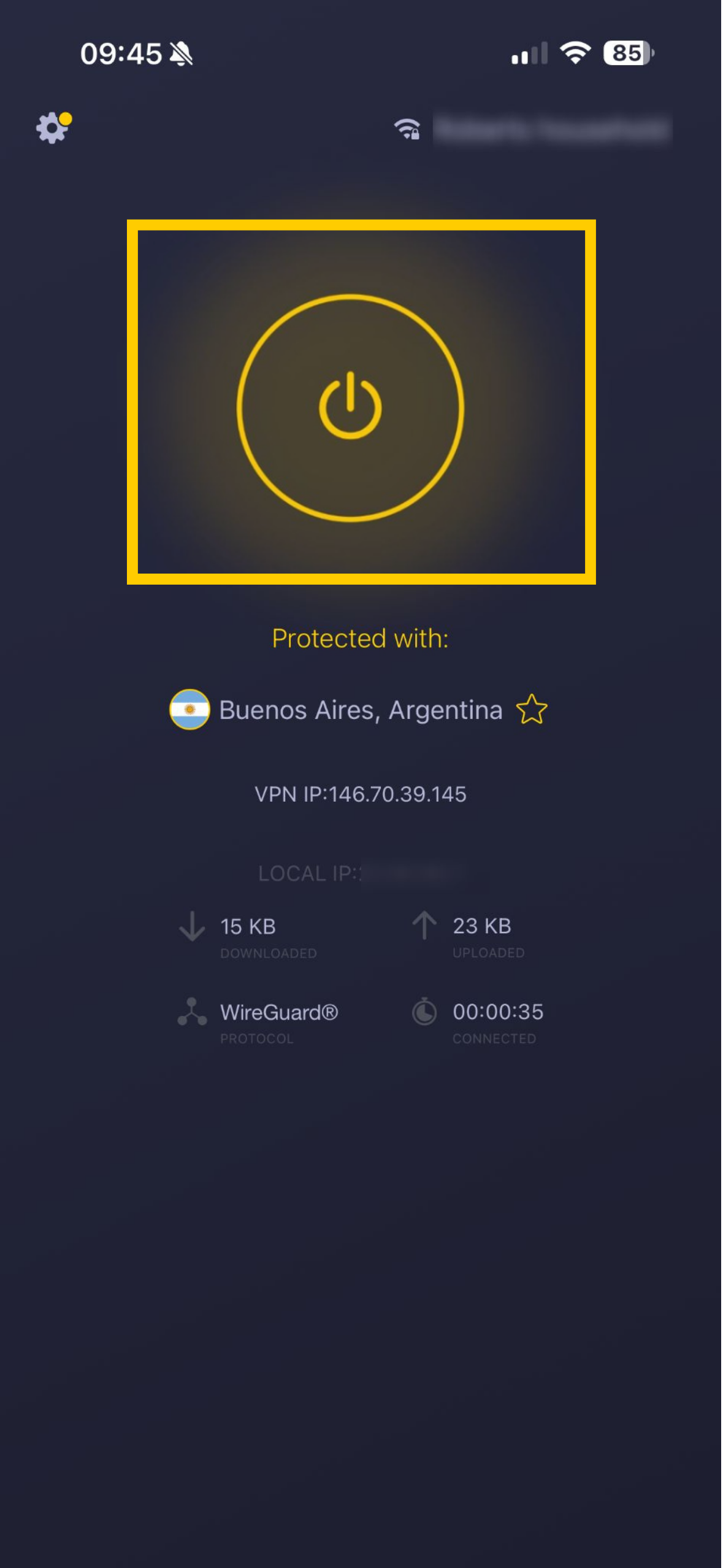 L'application CyberGhost VPN avec le bouton d'allumage en évidence.
