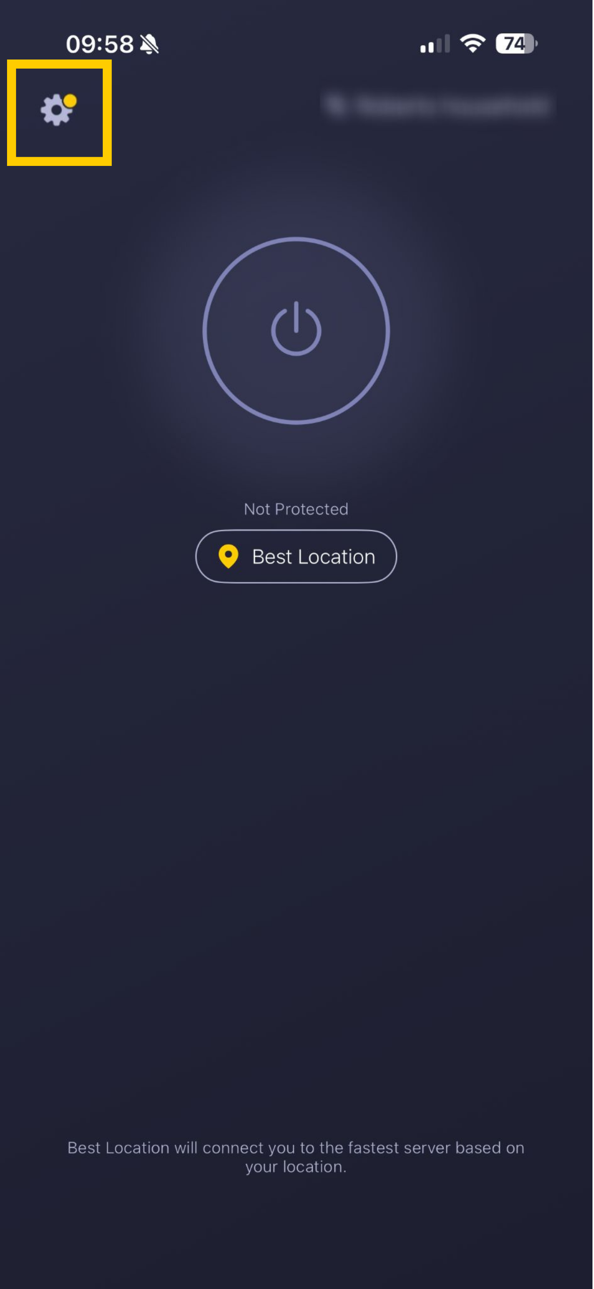 Écran d'accueil de CyberGhost VPN avec l'icône des Paramètres en évidence.