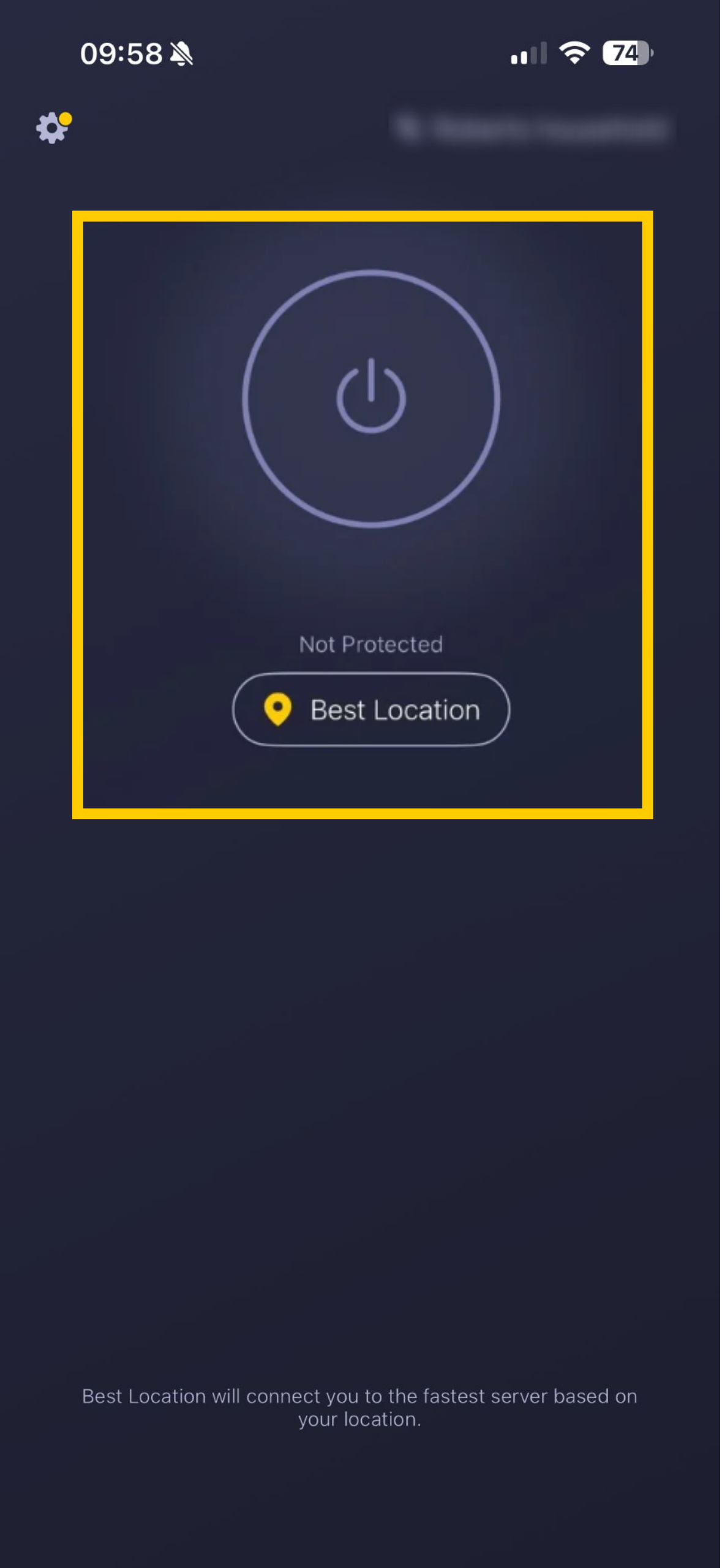 In der App von CyberGhost VPN sind die Ein-/Aus-Schaltfläche und der Punkt „Bester Standort“ hervorgehoben.