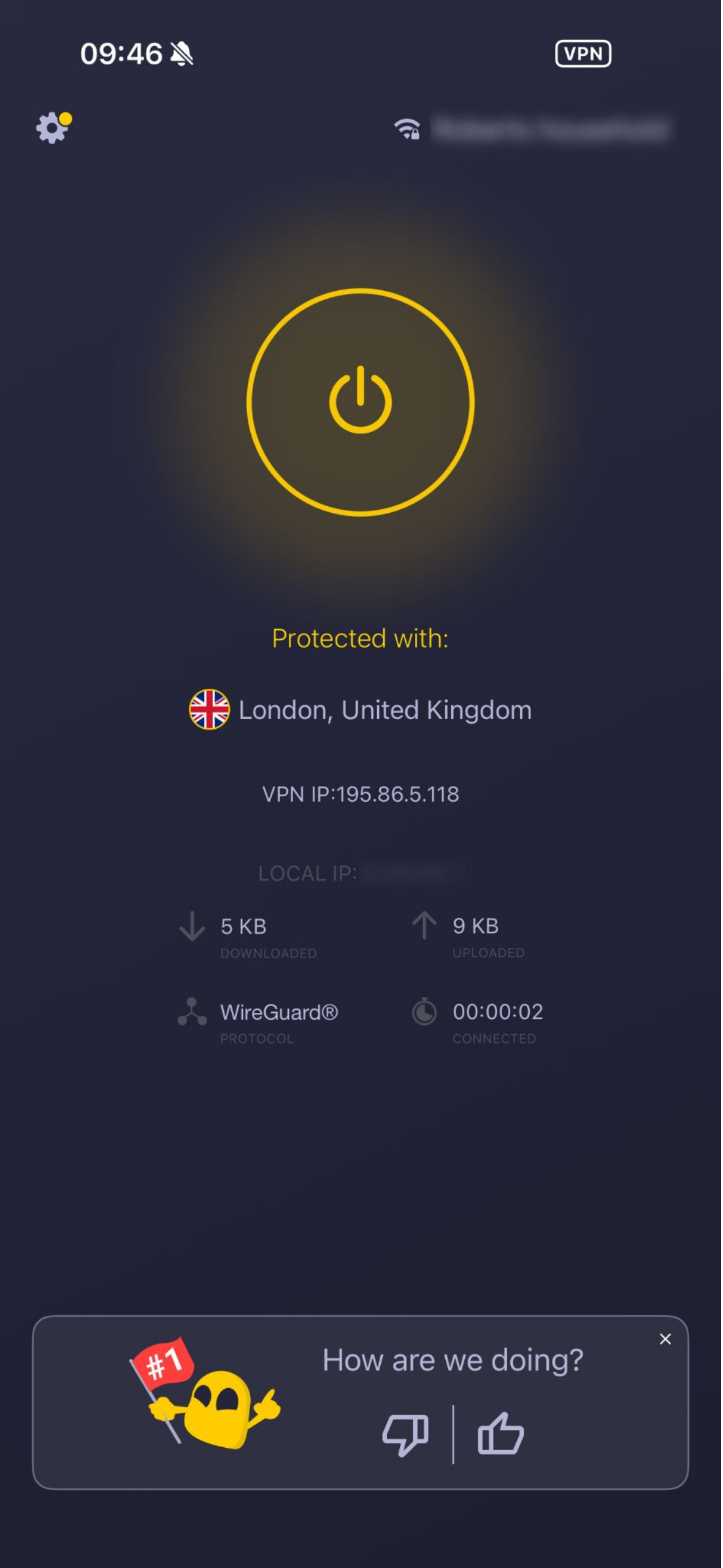 Die App von CyberGhost VPN zeigt die Verbindung zu einem Server an.
