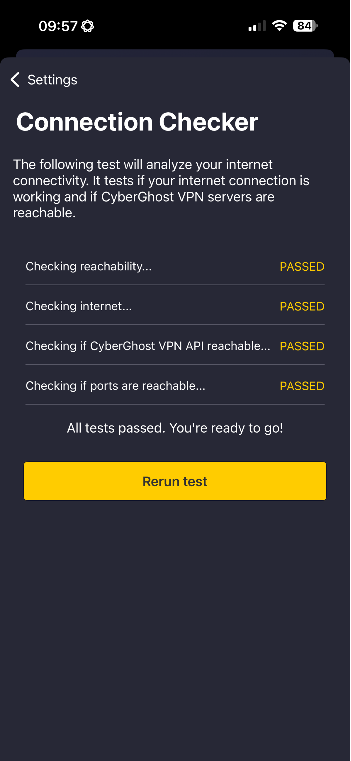 Ergebnisse der Verbindungsprüfung von CyberGhost VPN.