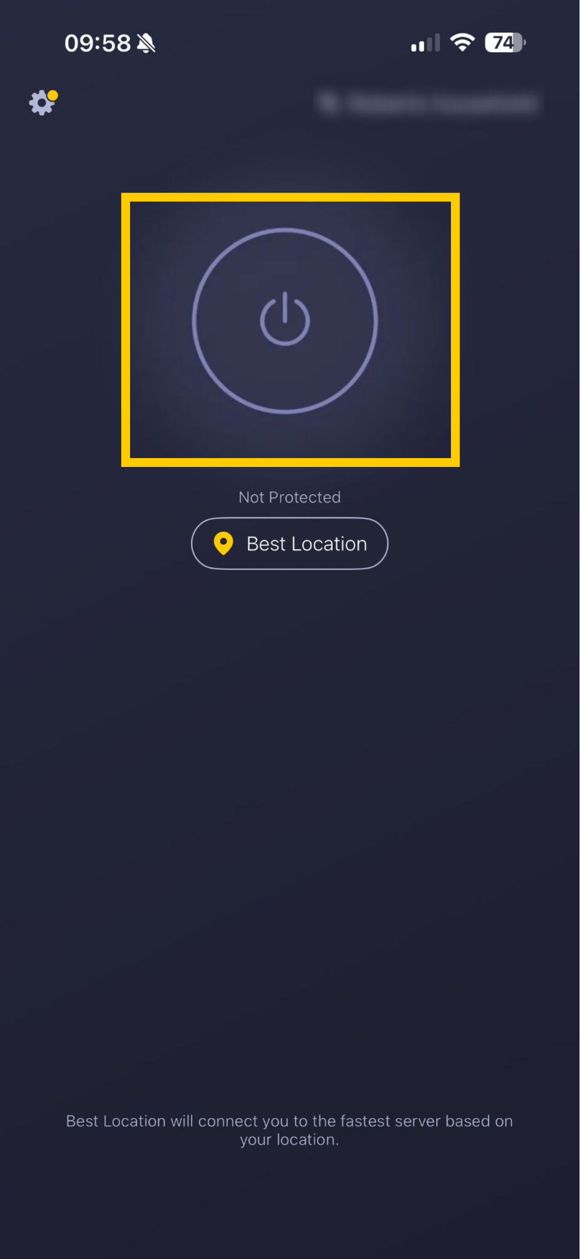 Der Startbildschirm von CyberGhost VPN, auf dem die Ein-/Aus-Schaltfläche hervorgehoben ist.