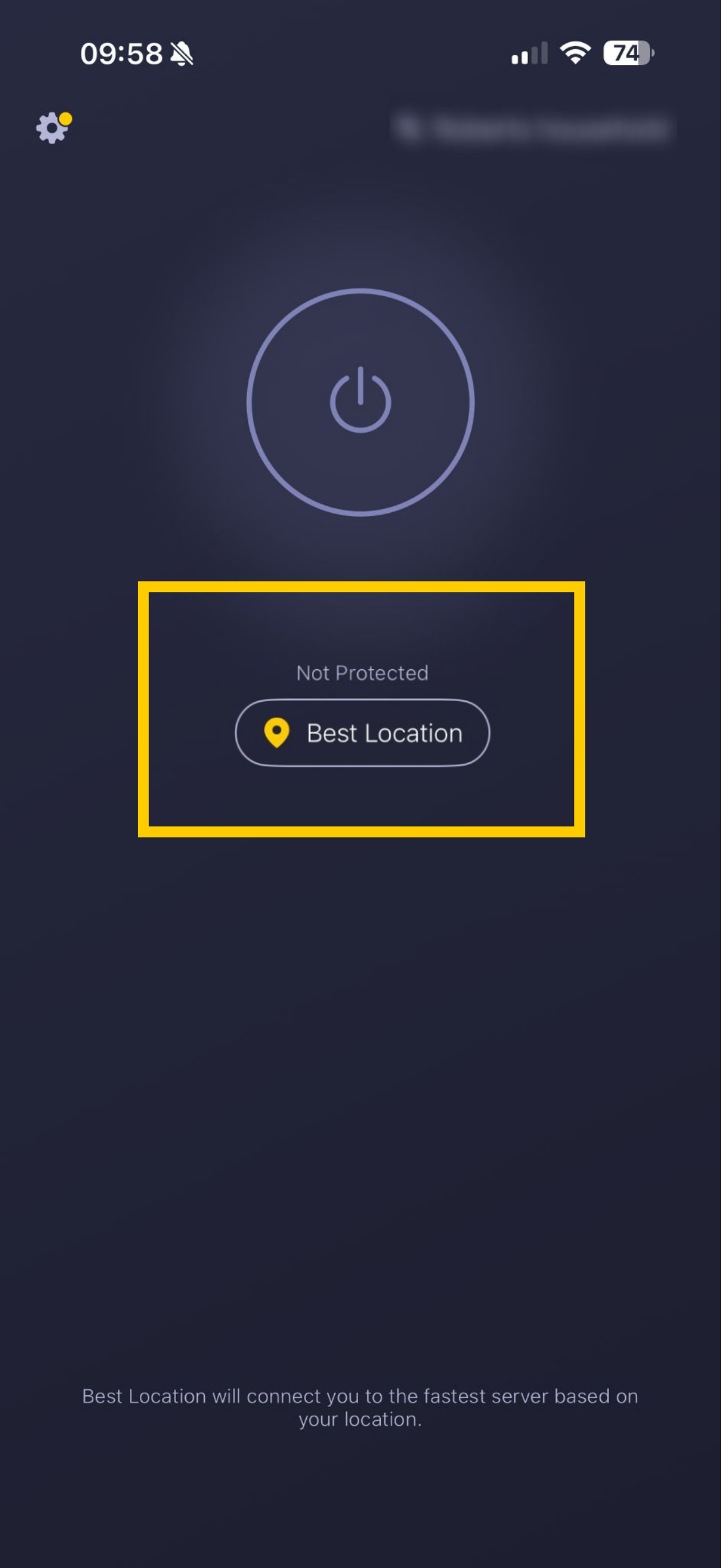 Startbildschirm von CyberGhost VPN, auf dem "Bester Standort“ hervorgehoben ist.