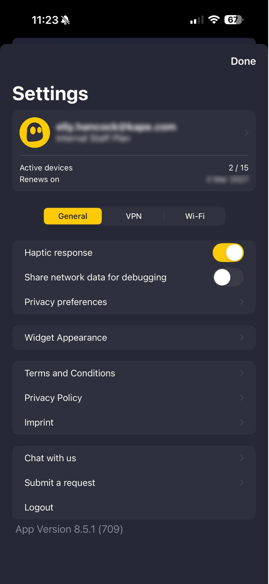Écran des paramètres généraux de l'application CyberGhost VPN.