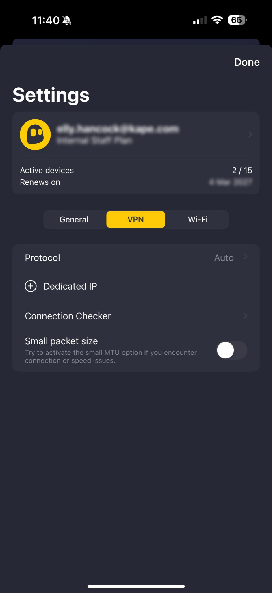 Écran des paramètres VPN de CyberGhost VPN.