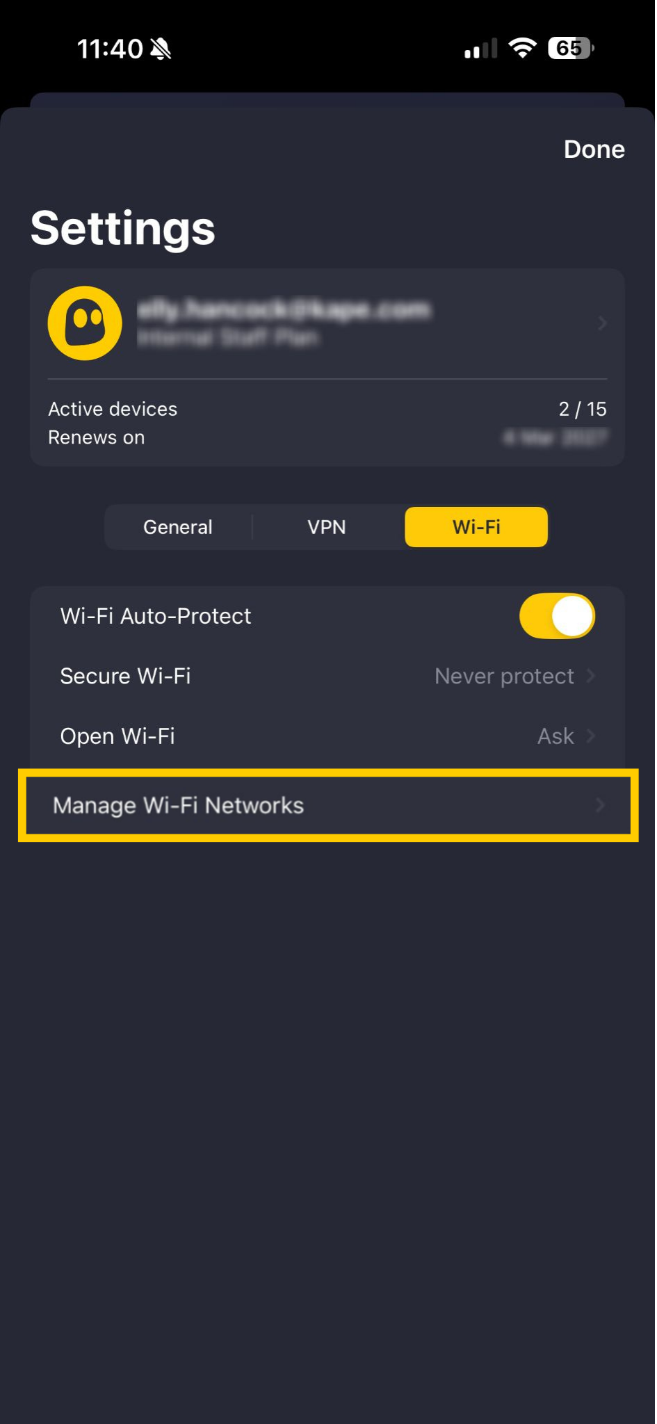 Paramètres des réseaux Wi-Fi de l'application CyberGhost VPN.