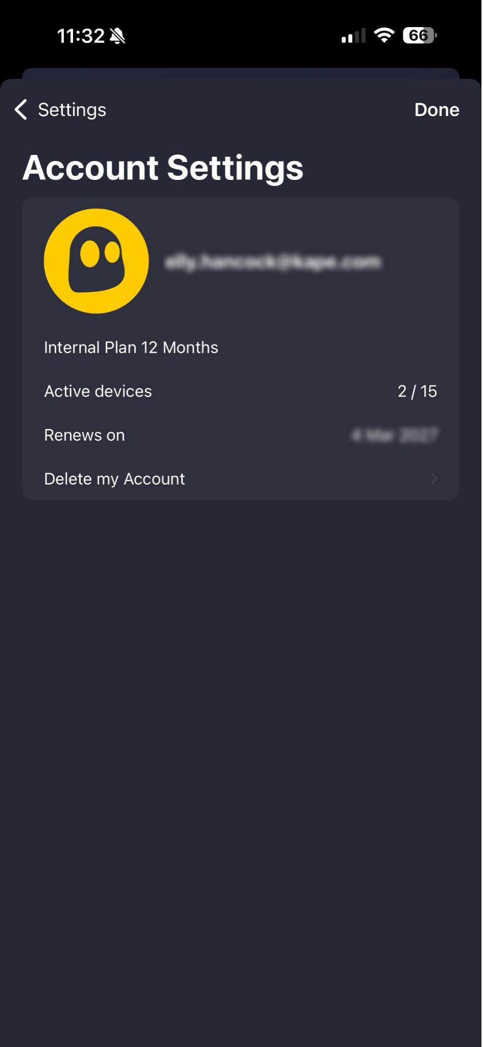 Seite „Kontoeinstellungen“ der App von CyberGhost VPN.