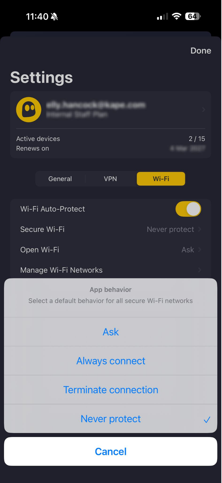 Popup-Fenster mit den WLAN-Sicherheitseinstellungen von CyberGhost VPN.