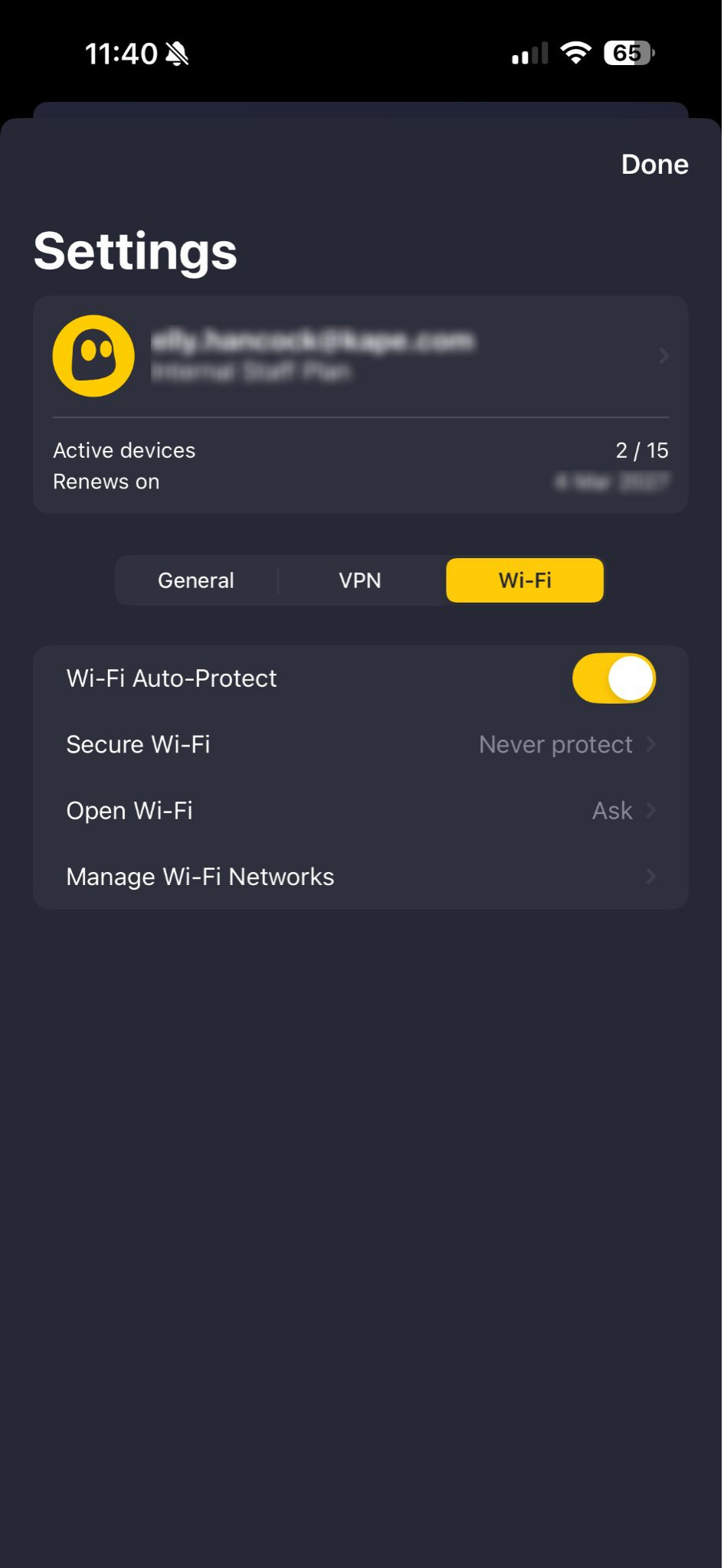 Bildschirm mit den WLAN-Einstellungen von CyberGhost VPN.