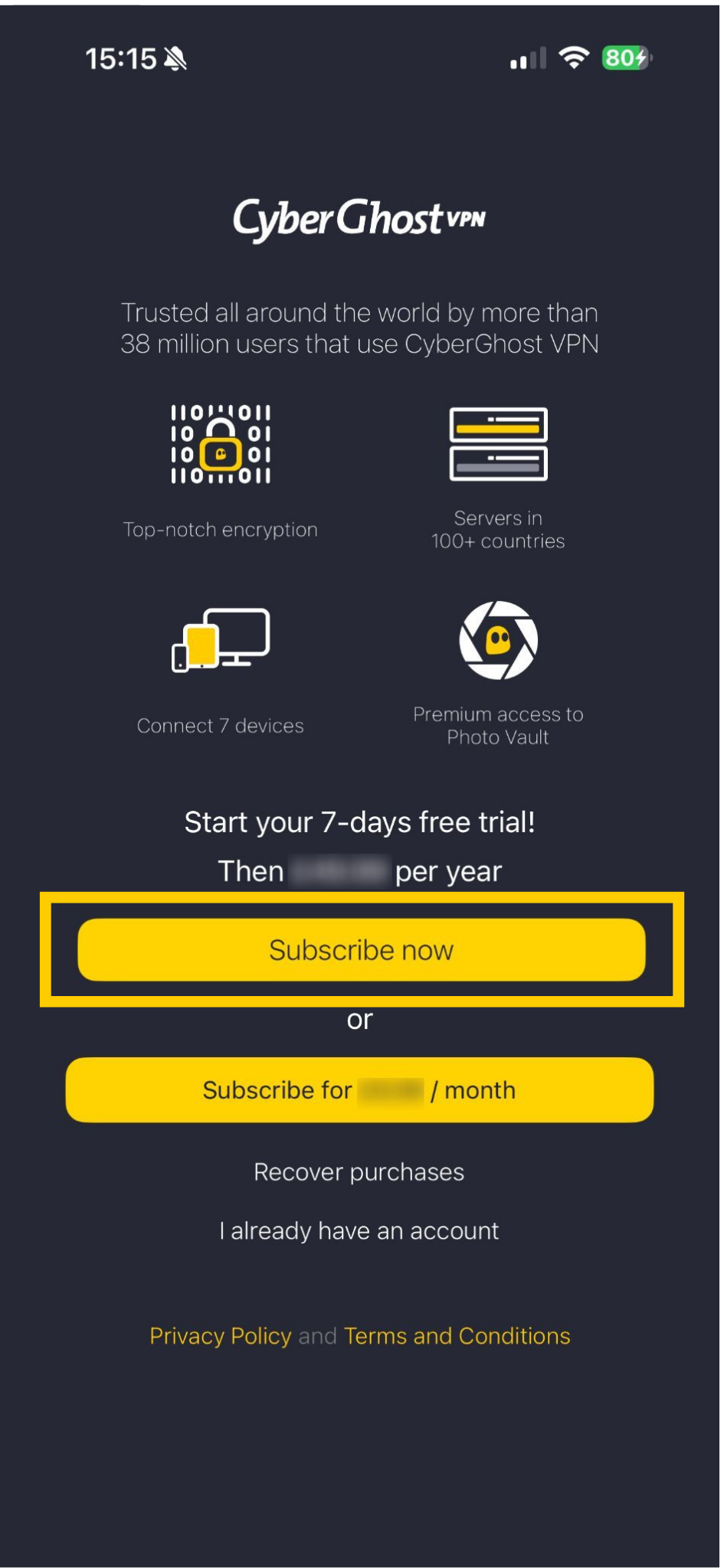Page de connexion de CyberGhost VPN, avec le bouton S'abonner maintenant mis en évidence.
