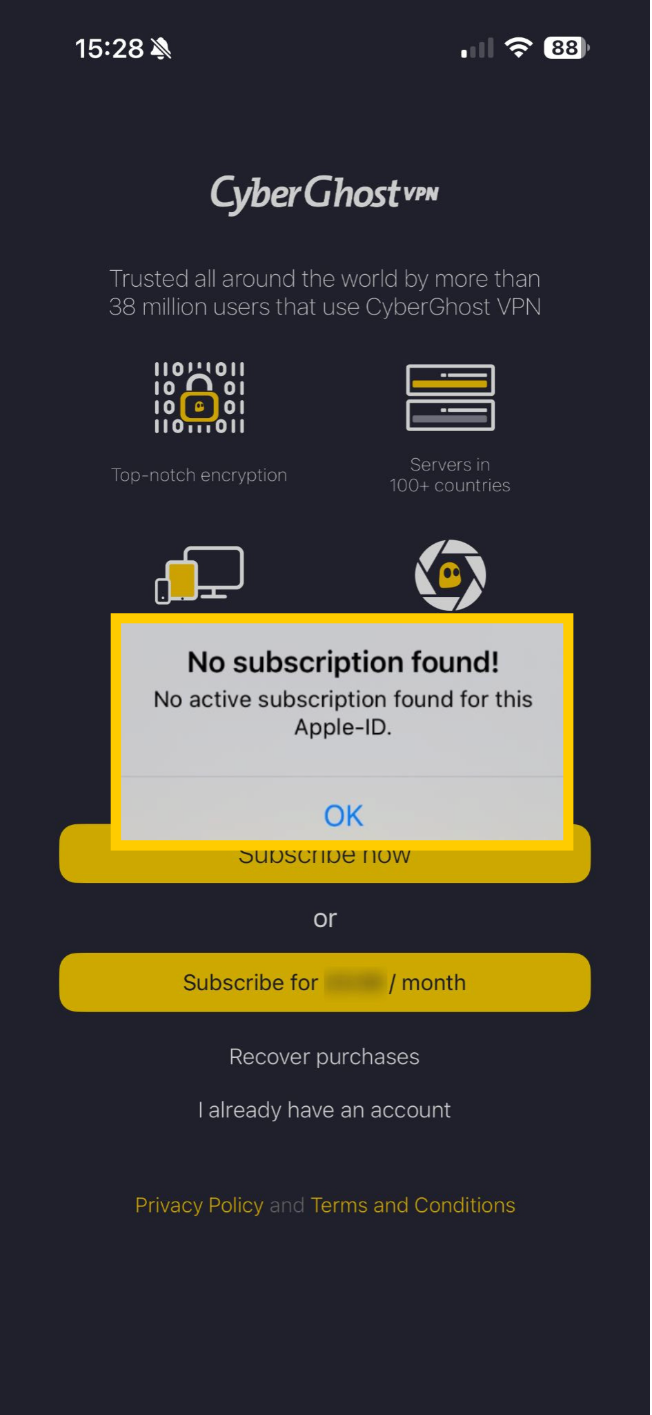 Page de connexion CyberGhost VPN, avec une fenêtre contextuelle indiquant qu'aucun abonnement n'a été trouvé.