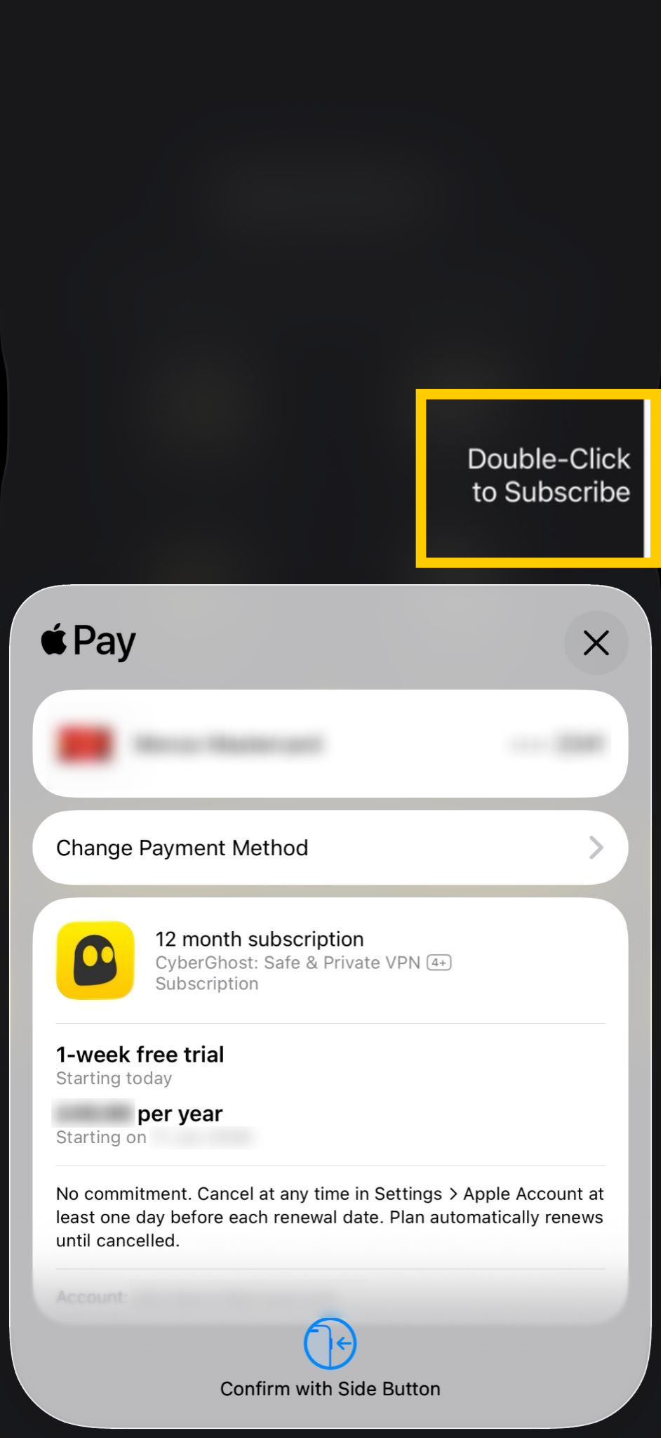 Page d'abonnement à CyberGhost VPN avec Apple Pay Apple.