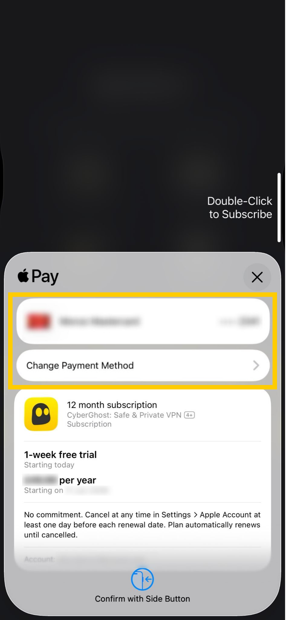 Anmeldeseite von CyberGhost VPN mit Apple Pay.