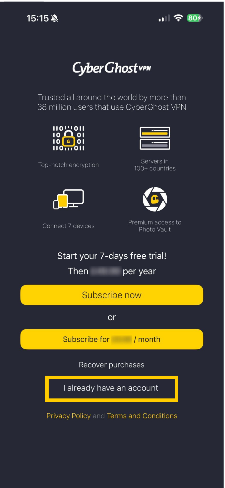 Auf der Anmeldeseite von CyberGhost VPN ist die Option „Ich habe bereits ein Konto“ hervorgehoben.