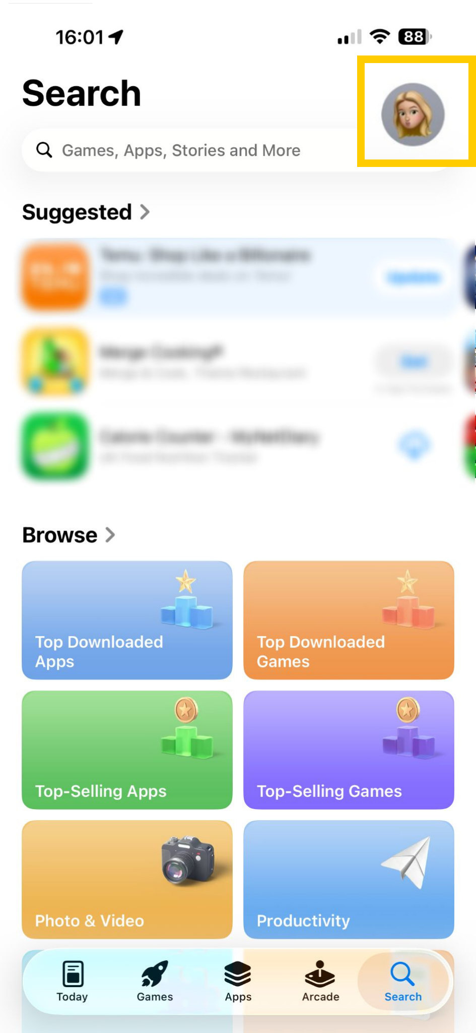 L'App Store d'Apple, avec l'icône de profil en évidence.