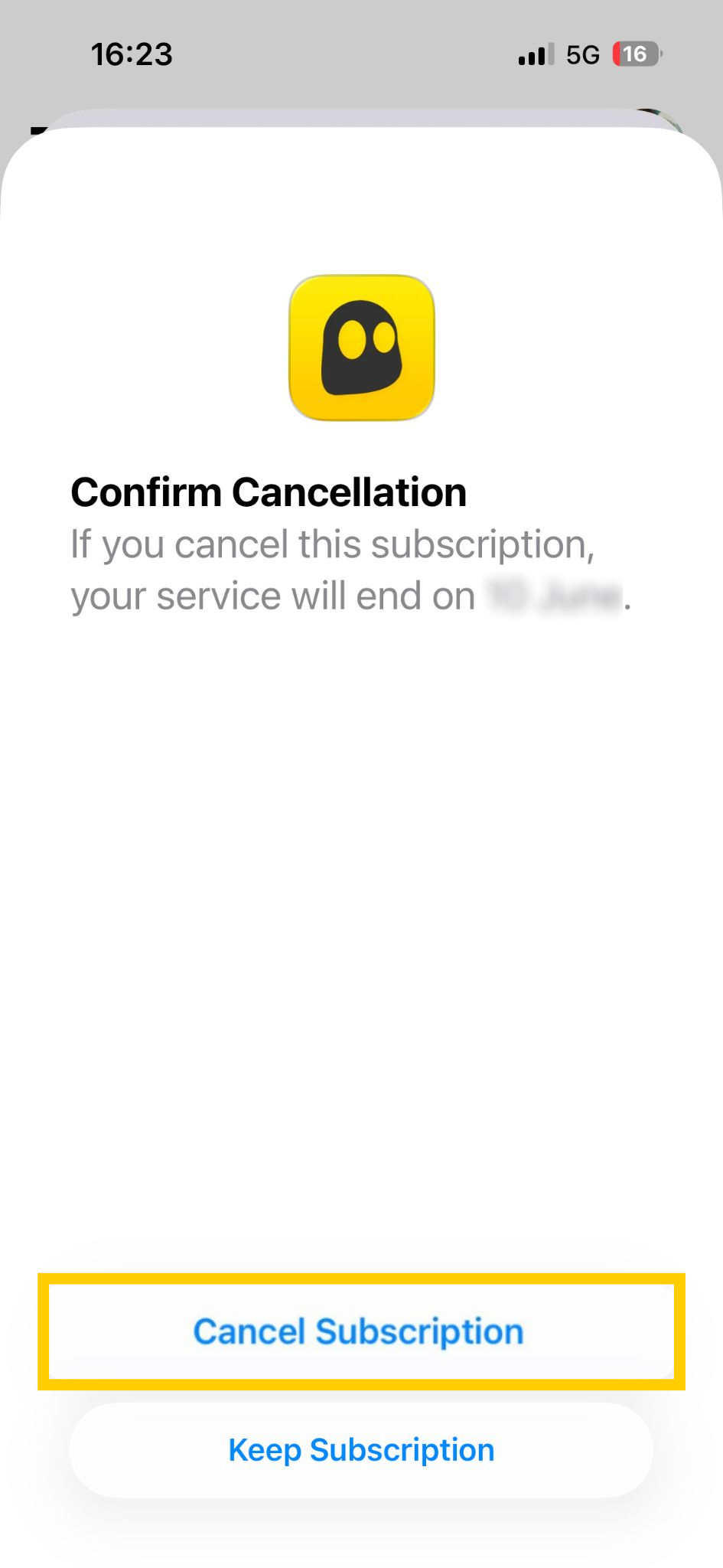 Écran des abonnements iOS, avec CyberGhost VPN et l'option d'annulation de l'abonnement en évidence.