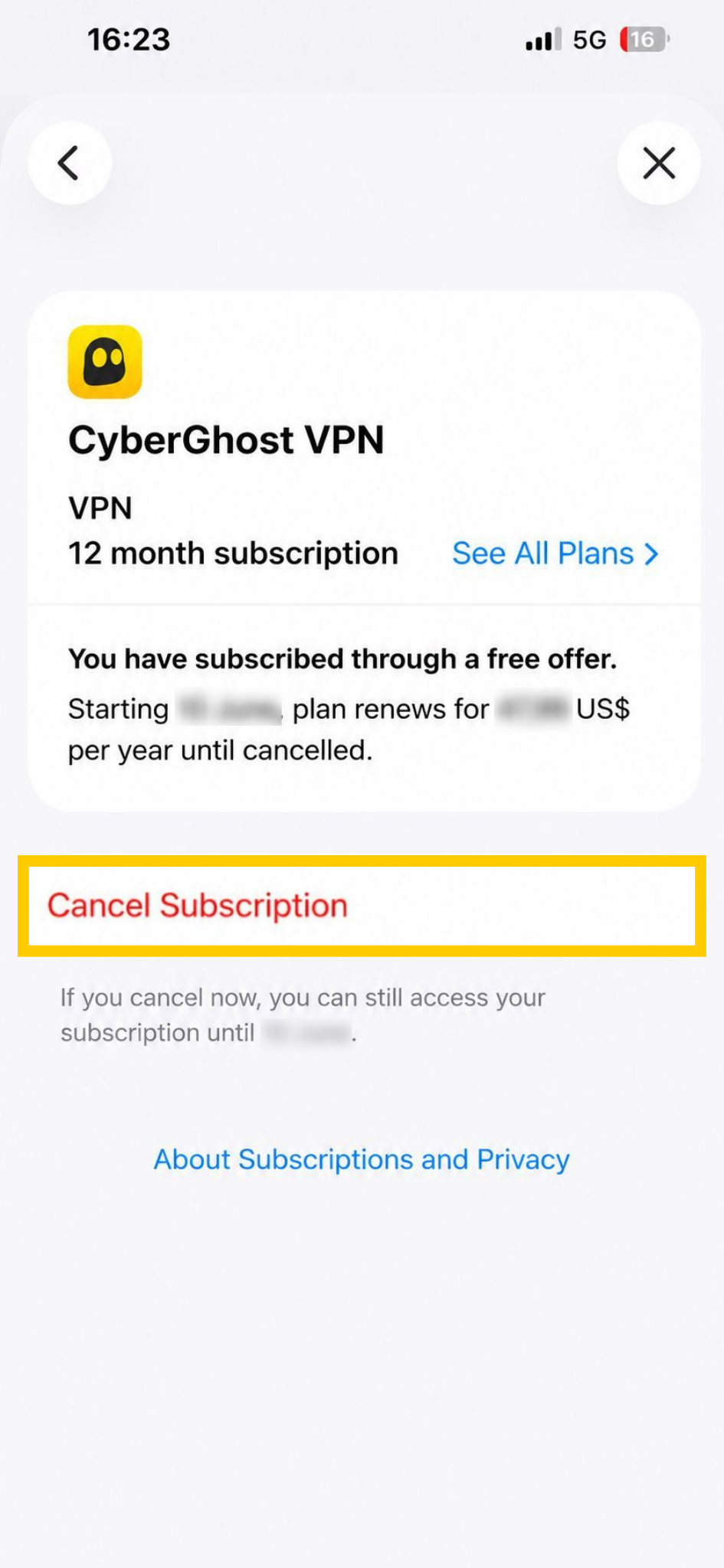 Der Abonnementbildschirm auf iOS, auf dem CyberGhost VPN und die Option „Abonnement kündigen“ hervorgehoben sind.