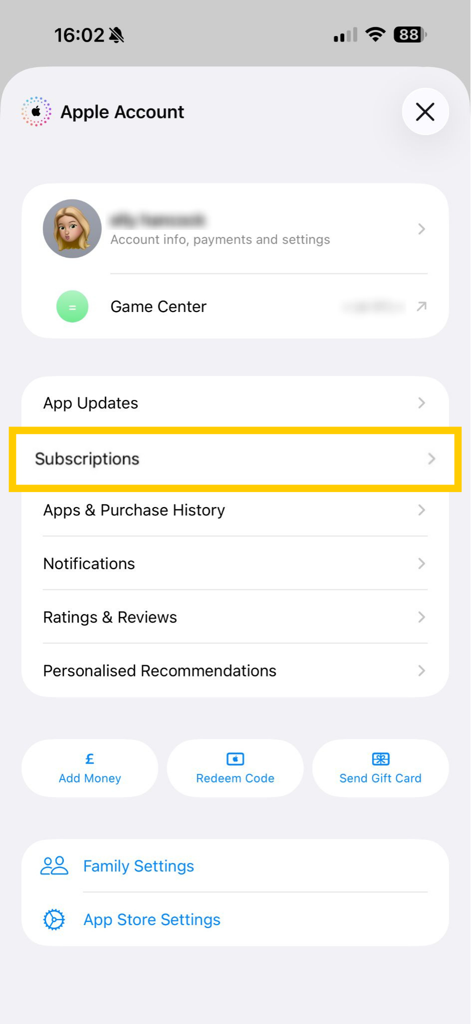 Apple-ID-Bildschirm, auf dem die Option „Abonnements“ hervorgehoben ist.
