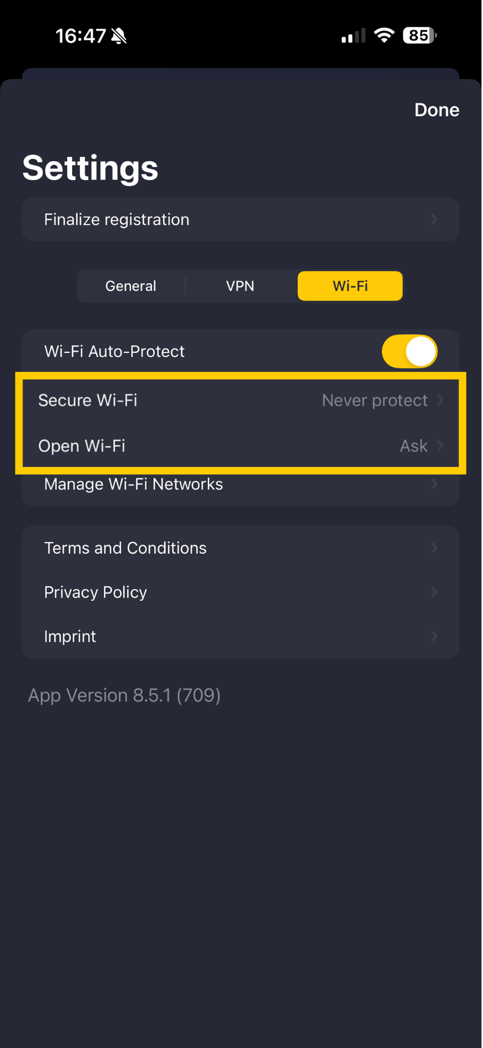 Paramètres Wi-Fi de CyberGhost VPN, avec les options Réseau Wi-Fi ouvert et Wi-Fi sécurisé en évidence.