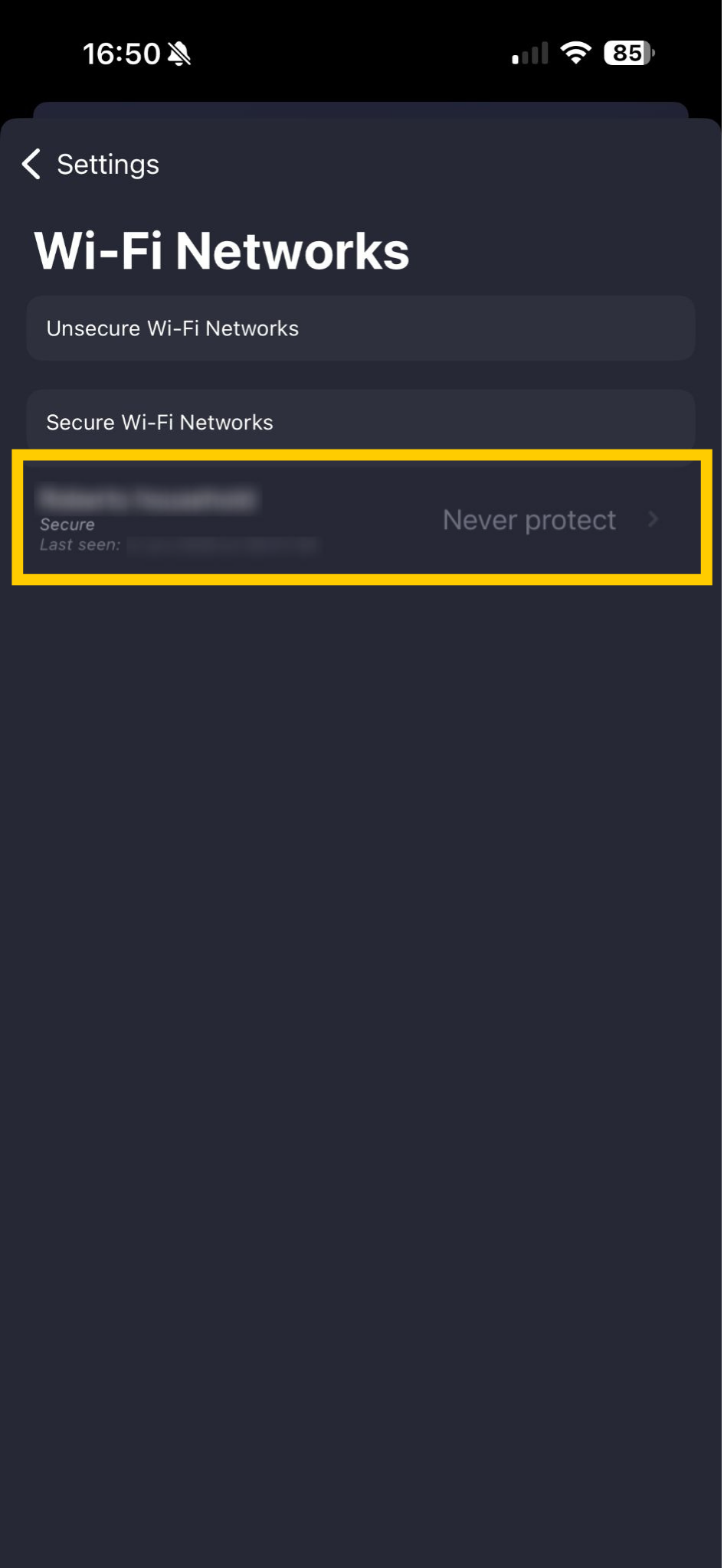 Paramètres Wi-Fi de CyberGhost VPN affichant les règles de connexion pour les réseaux Wi-Fi.