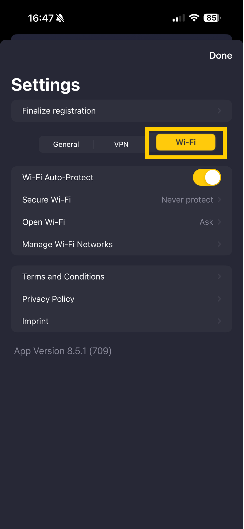 Paramètres de CyberGhost VPN avec Wi-Fi en évidence.