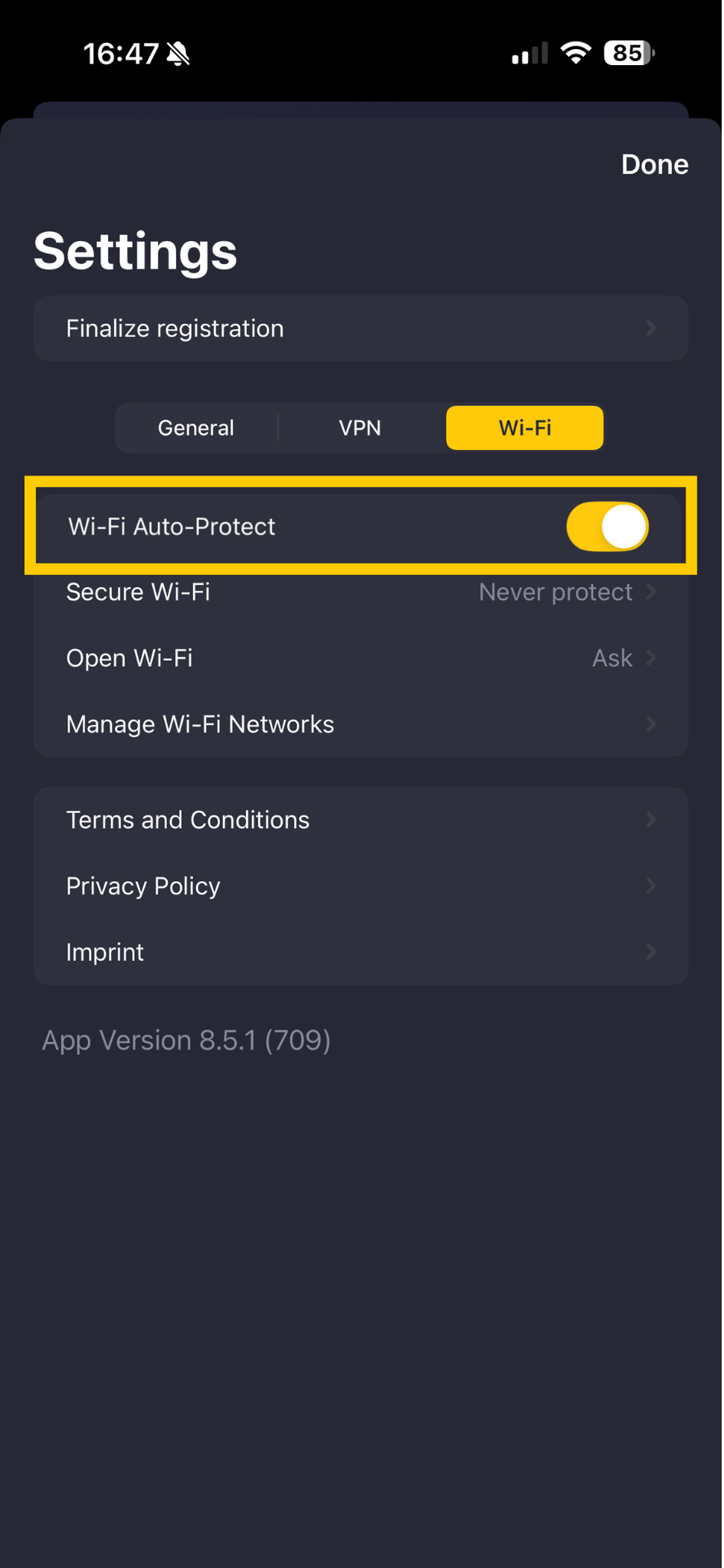 Paramètres Wi-Fi de CyberGhost VPN, avec les options de la Protection Wi-Fi automatique en évidence.