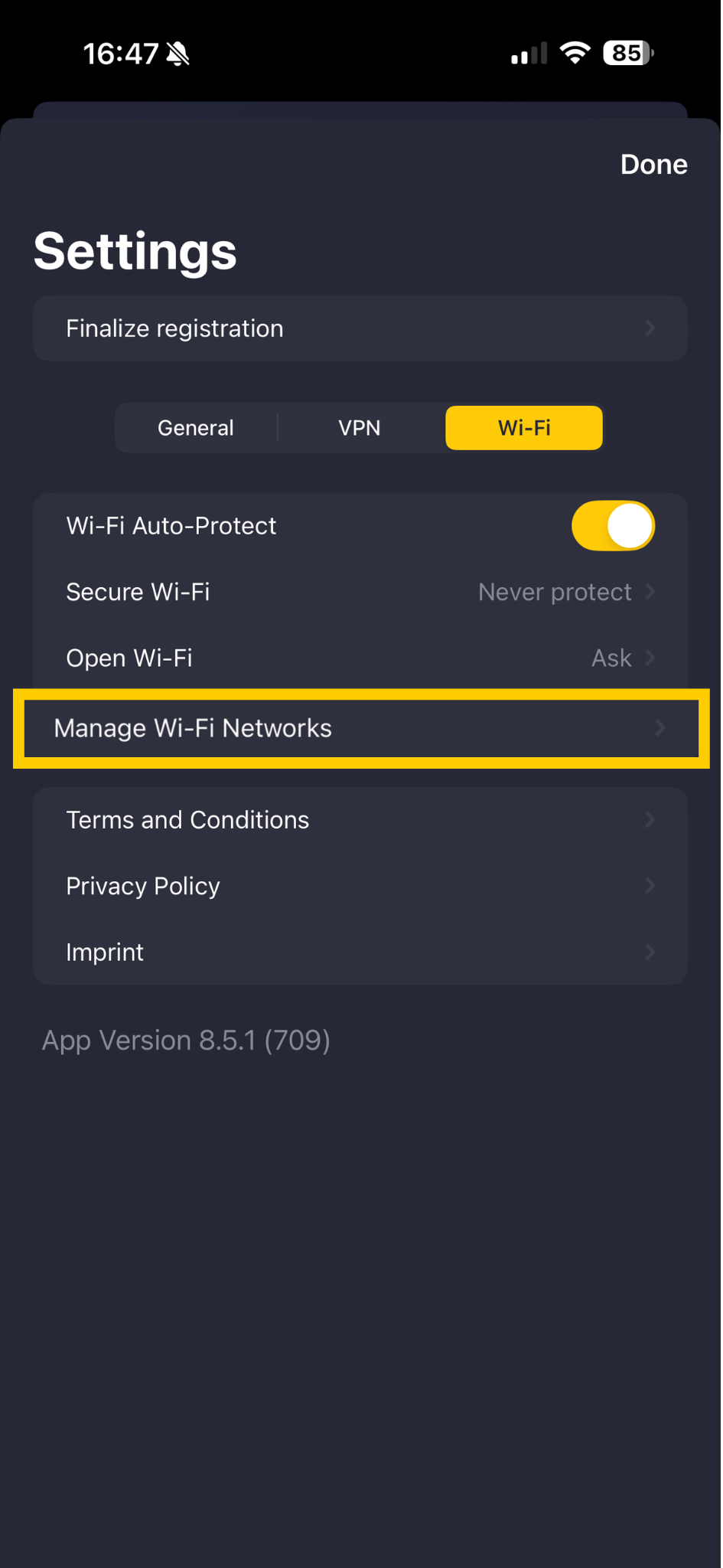 In den WLAN-Einstellungen von CyberGhost VPN ist die Option „WLAN-Netzwerke verwalten“ hervorgehoben.