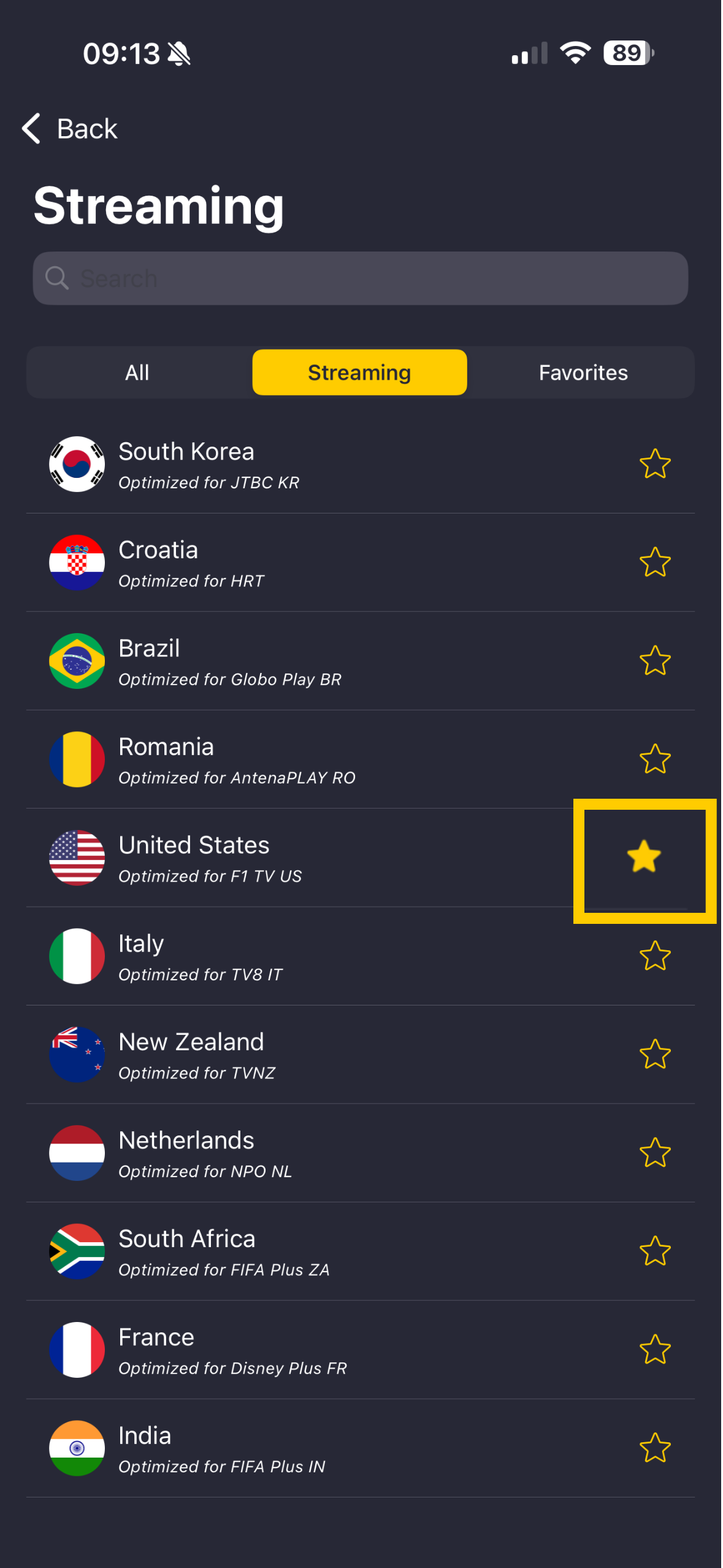 Liste des serveurs CyberGhost VPN avec un serveur de streaming ajouté aux favoris.